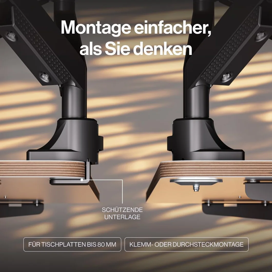 ENDORFY Atlas GS Pro Double – Wzmocnione Podwójne Ramię Gazowe do 2 Monitorów do 42", Udźwig 2x16 kg, Uchwyt Biurkowy VESA 75/100, Pivot 180°, Solidna Metalowa Konstrukcja, C-Clamp/Grommet