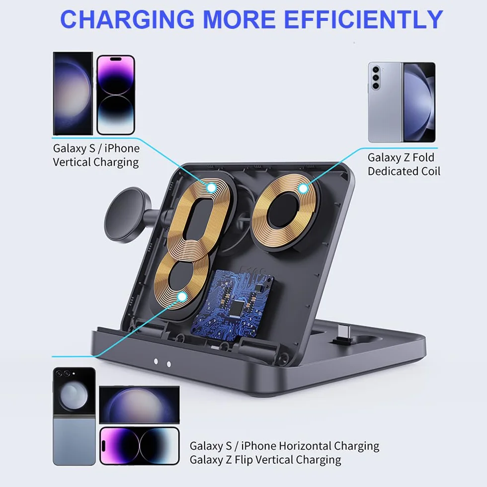 Bezprzewodowa Ładowarka, 15W Ładowanie Stacja Ładująca, Stojak do Ładowarki Bezprzewodowej LED Adaptacyjny, Ładująca Podstawka dla iPhone 17 16 15 14 13 12 Pro Max Samsung S24 S23 etc