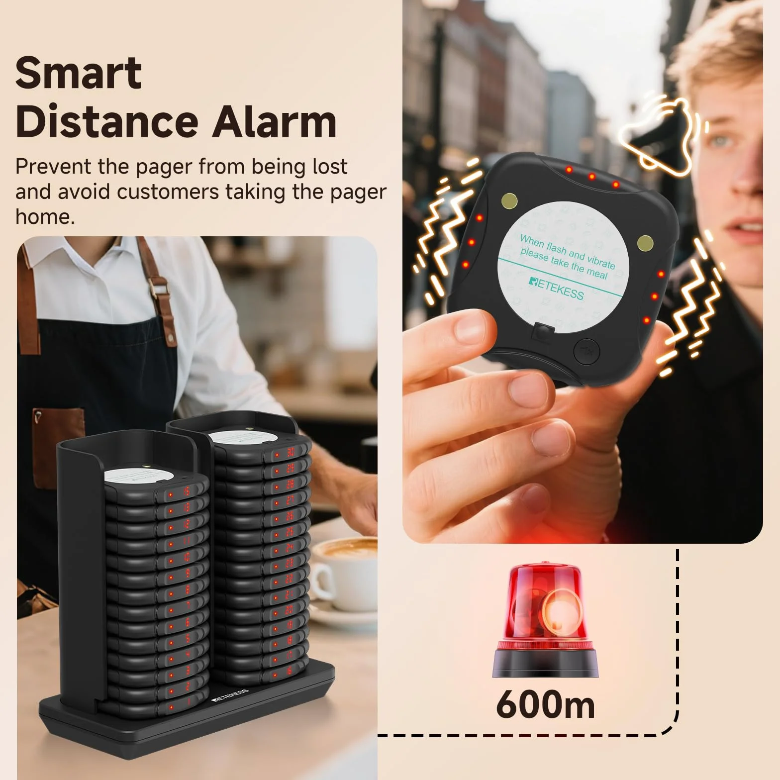 Retekess TD186 Bezprzewodowy System Przywoławczy, 30 Pagerów | Do Duża Restauracja, Klub, Największa 600M, Konstrukcja Antyprzewrotna, 300 mAh 24H, 64 Tryby Przypomnień, Plug and Play