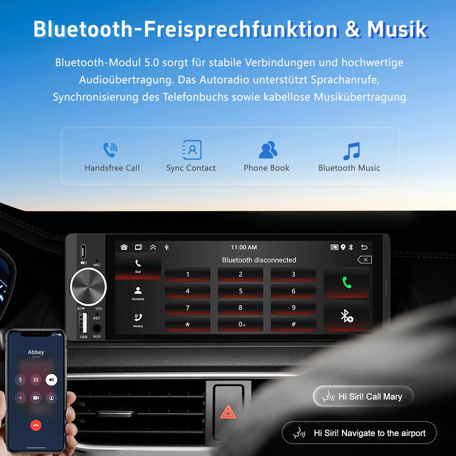 Radio samochodowe 1-DIN 6,28" ekran dotykowy z bezprzewodowym CarPlay i Android Auto, Bluetooth, WLAN, MirrorLink, FM, USB-C, korektor i złącze do kamery cofania, sterowanie kierownicą