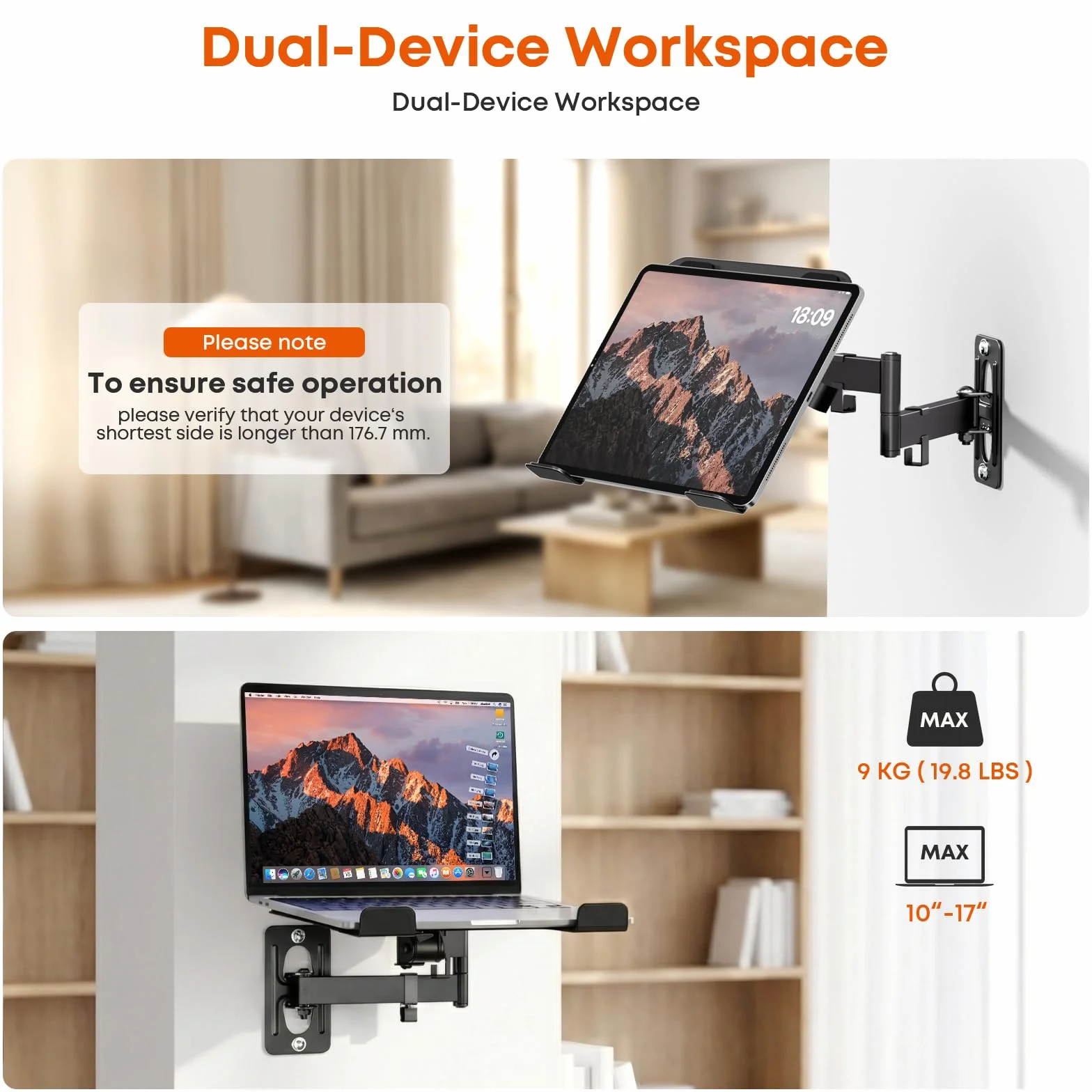 Uchwyt ścienny do laptopa i tabletu do 5 kg, metalowy uchwyt 300 x 250 mm, kompatybilny z laptopami 12-17" i tabletami 10-13", VESA 75/100 mm, do domowego biura i kuchni