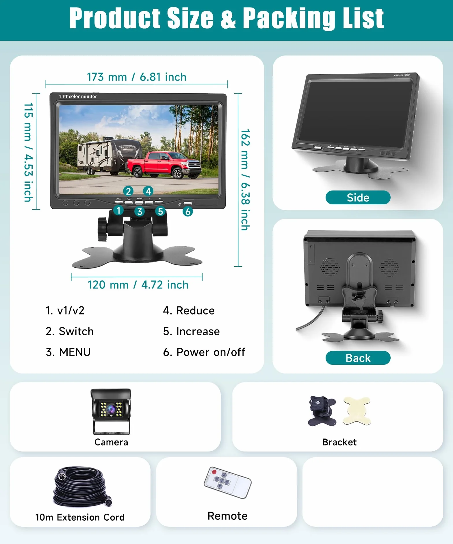 VECHTEL 2 x kabel do kamery cofania z 7-calowym monitorem TFT, pomoc przy parkowaniu, kamera cofania 18 LED, widoczność w nocy, klasa wodoszczelności IP68, do SUV, ciężarówek, kamperów, DC 12-24 V
