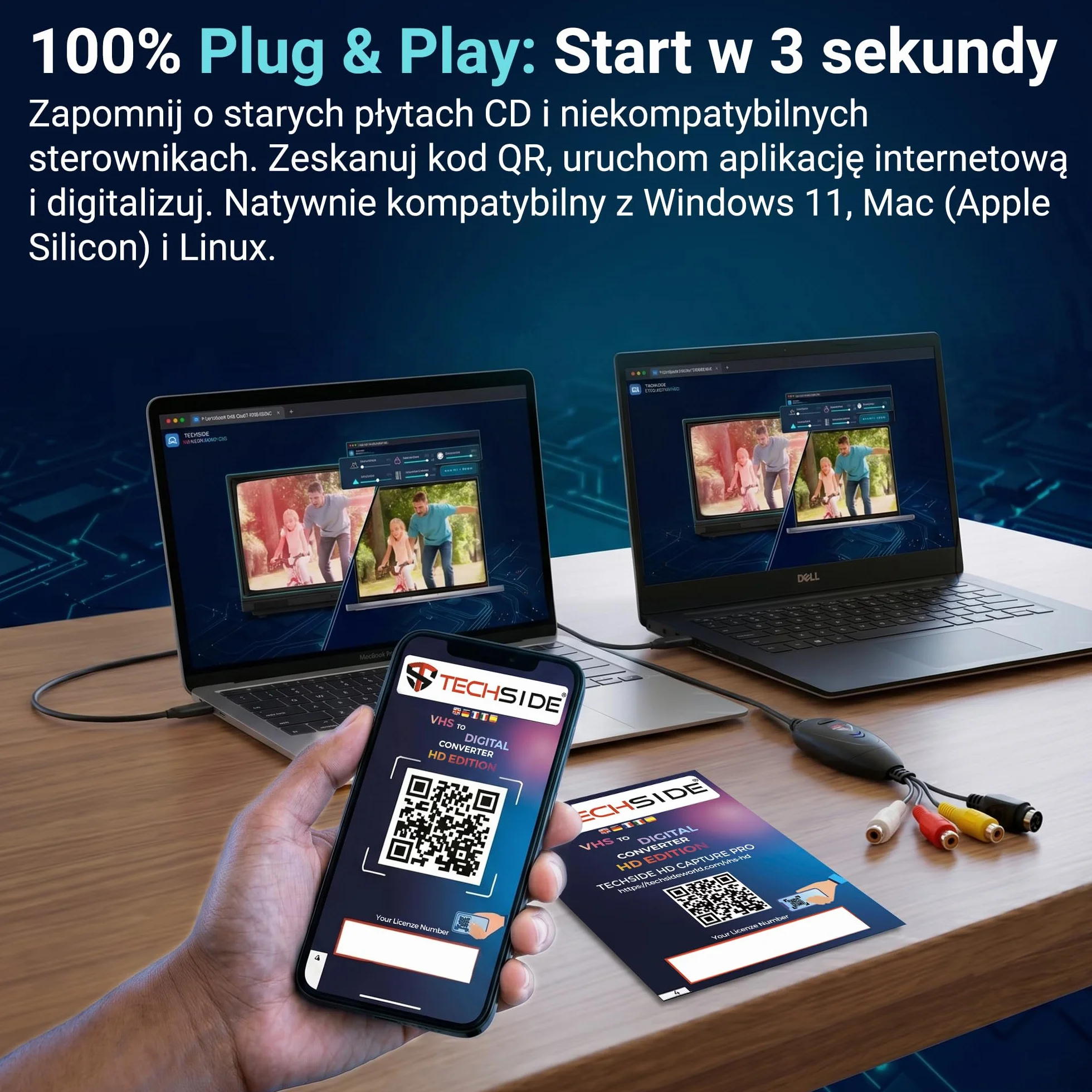 TechSide Video Grabber VHS 2026 | Konwerter Analogowo-Cyfrowy | Karta Przechwytywania PC USB 2.0 Mac, Windows 11/10 i Linux | Nowe Oprogramowanie 1080p | Przekształca VHS, Magnetowid i Hi8 na MP4