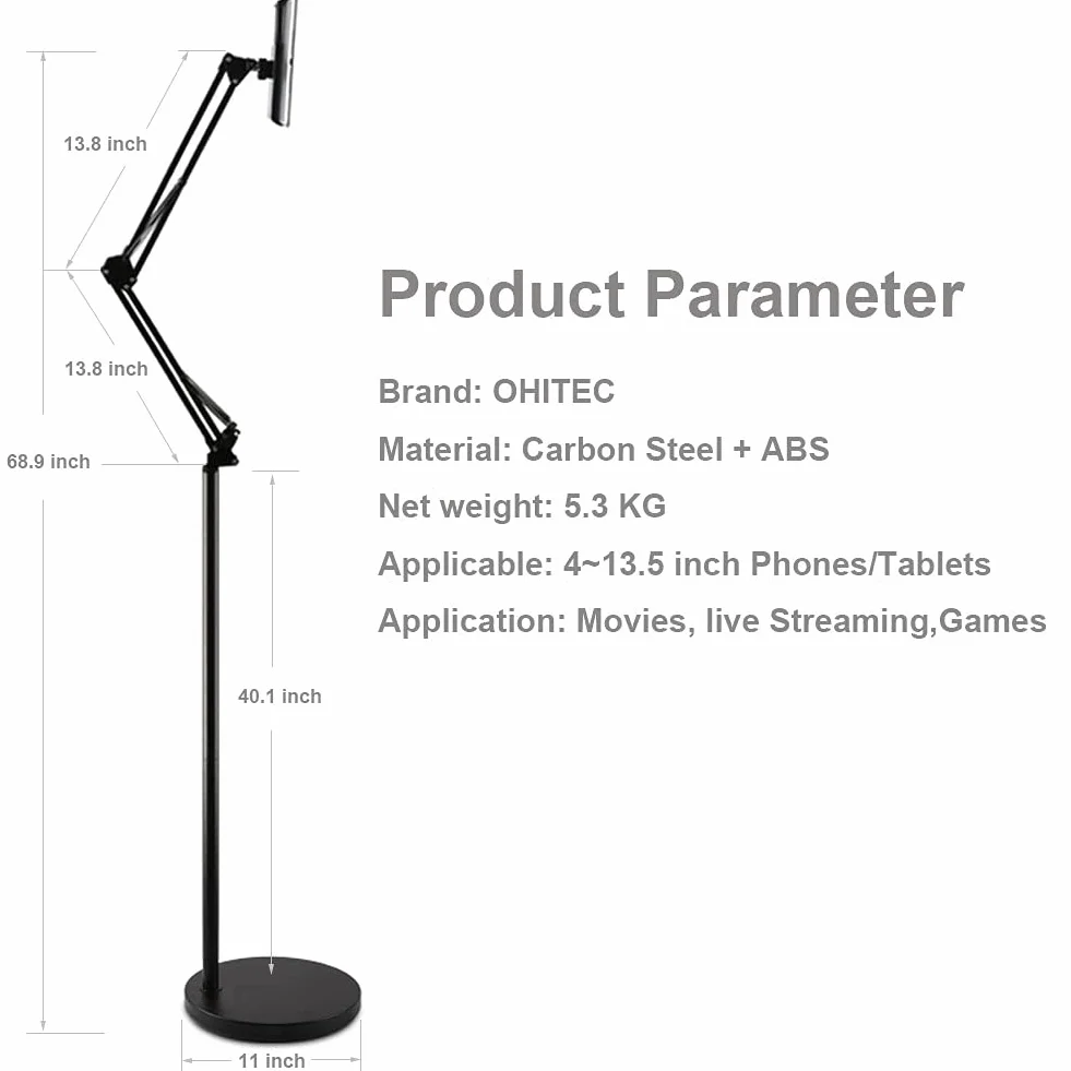 Wytrzymały metalowy uchwyt na telefon komórkowy/tablet, uniwersalny, obrót o 360°, gęsiej szyja, długie, elastyczne ramię (podłoga, 1,7 m, czarny-2)