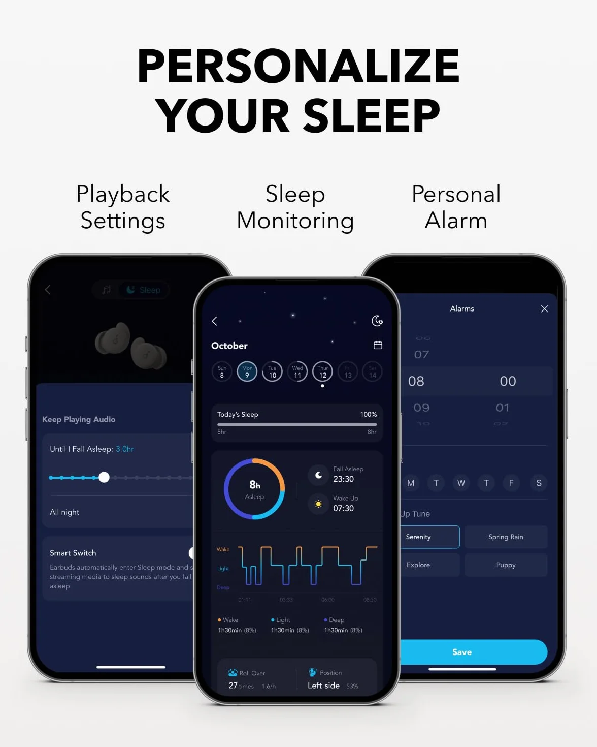 soundcore Sleep A20 firmy Anker Sleep Słuchawki douszne(odnowiona), słuchawki do spania blokujące hałas, niewielka konstrukcja dla osób śpiących na boku, czas odtwarzania 80 godzin, monitor snu