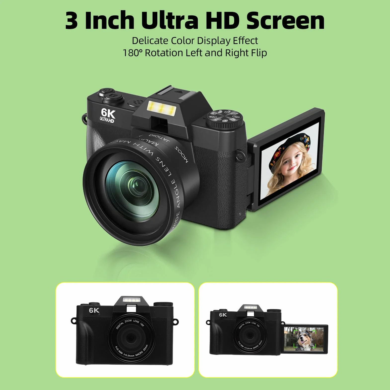 Aparat Cyfrowy 6K, 64MP Autofocus 16x Zoom Cyfrowy Aparat Fotograficzny z Transferem Wi -Fi, Błyskowa LED, Kompaktowa dla Dorosłych Nastolatków Początkujących (BLACK)