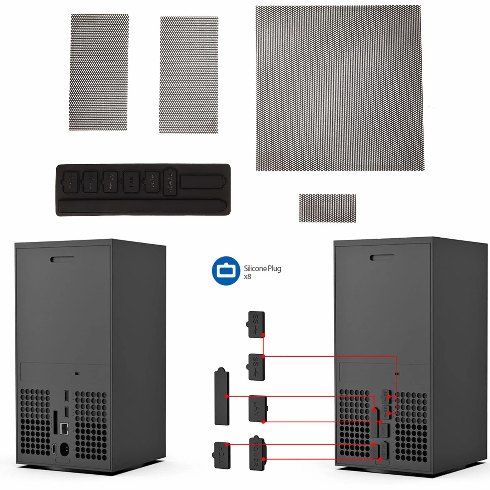 Filtr Przeciwpyłowy, Wymienny Filtr Przeciwpyłowy do Konsoli Series X, 8 Zatyczek Przeciwpyłowych, Zestaw 4 Siatek PVC, Filtr Siatkowy z Wentylowaną Osłoną Przeciwpyłową do