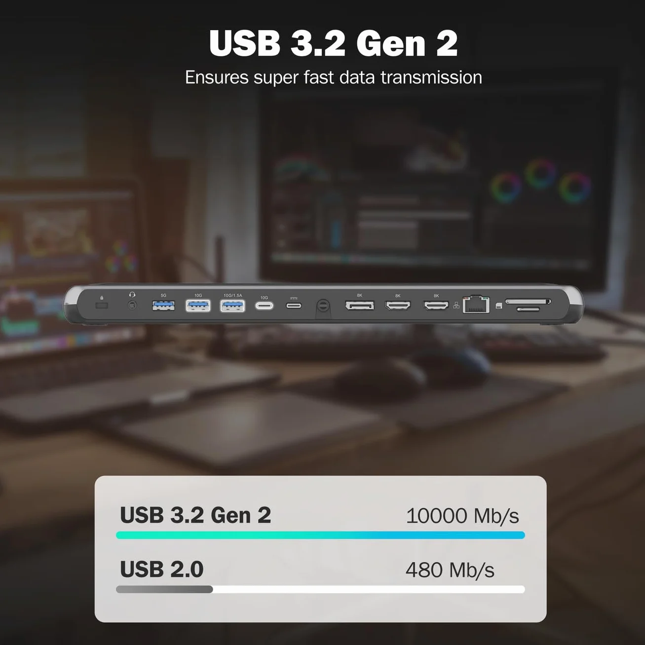 DIGITUS Stacja dokująca do notebooka – 12 portów – 2x HDMI, 1x DisplayPort 8K 30Hz – 2x USB-A 3.2 Gen2, 1x Typ-A 3.2 Gen1, 1x USB-C 3.2 Gen2 – 1x RJ45 – Czytnik kart SD/MicroSD – Złącze 3,5 mm – Szara