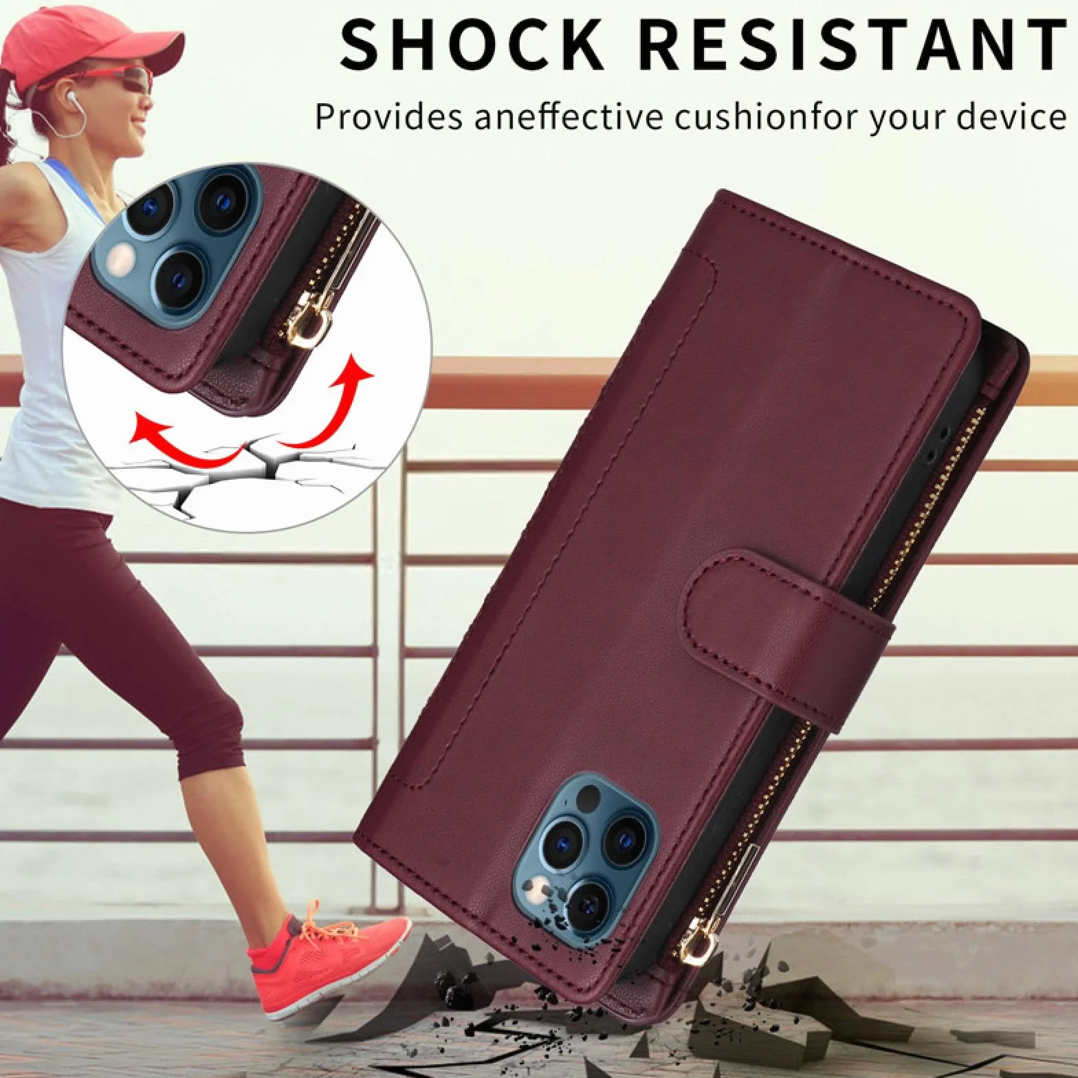 Do iPhone'a 16 Pro Max Crossbody Skórzany Portfel Zapinany Na Zamek Etui na Karty Telefony Smycz Klapka (Do iPhone'a 16 Pro Max/Czerwony)