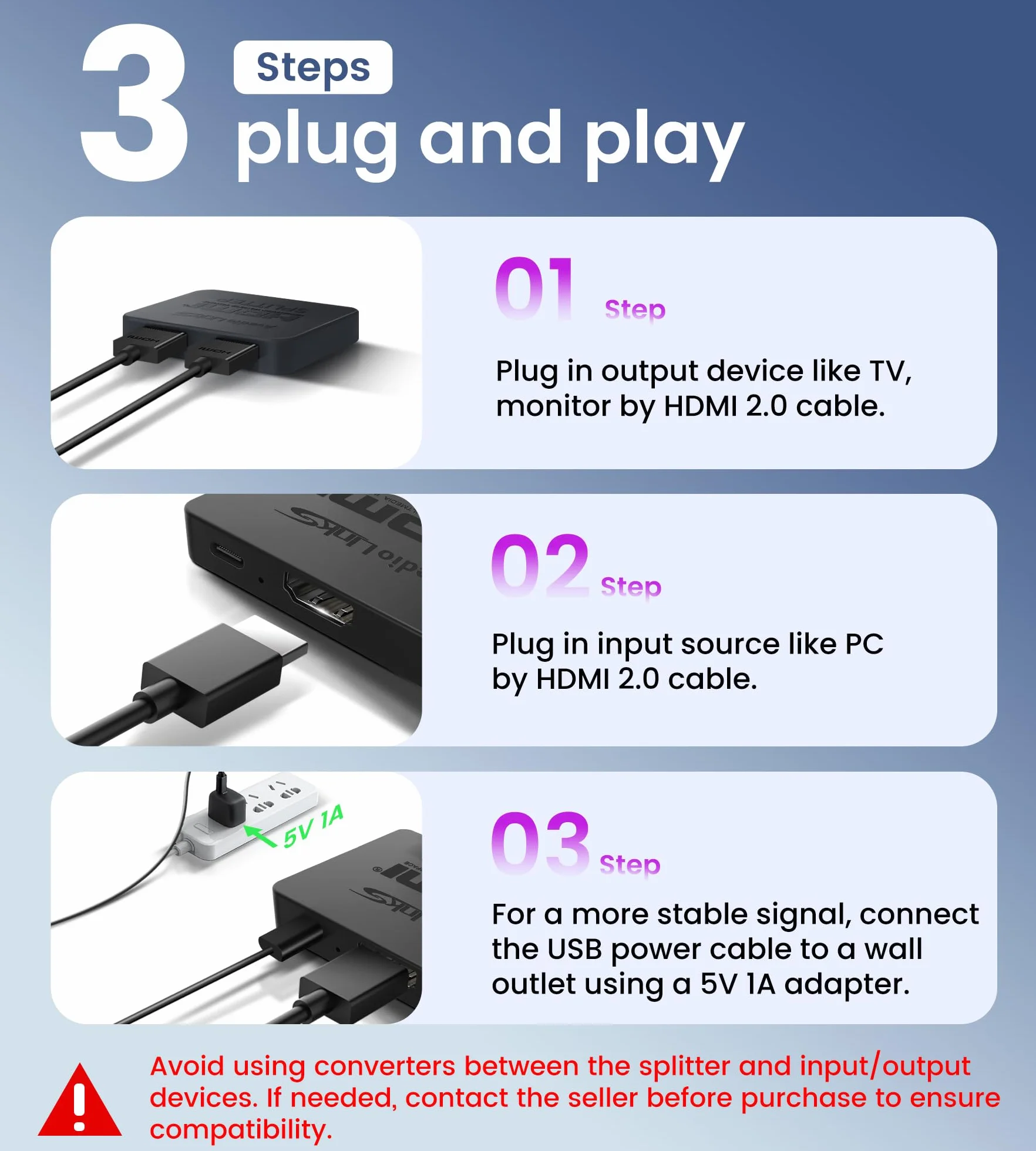 Rozdzielacz Avedio Links HDMI 1 w 2 Out Do Podwójnych Monitorów 4K 60 Hz, Obsługuje HDMI 2.0b, HDCP2.2, Automatyczna Skalowanie, Full 【Mirror Only, Not Extend】