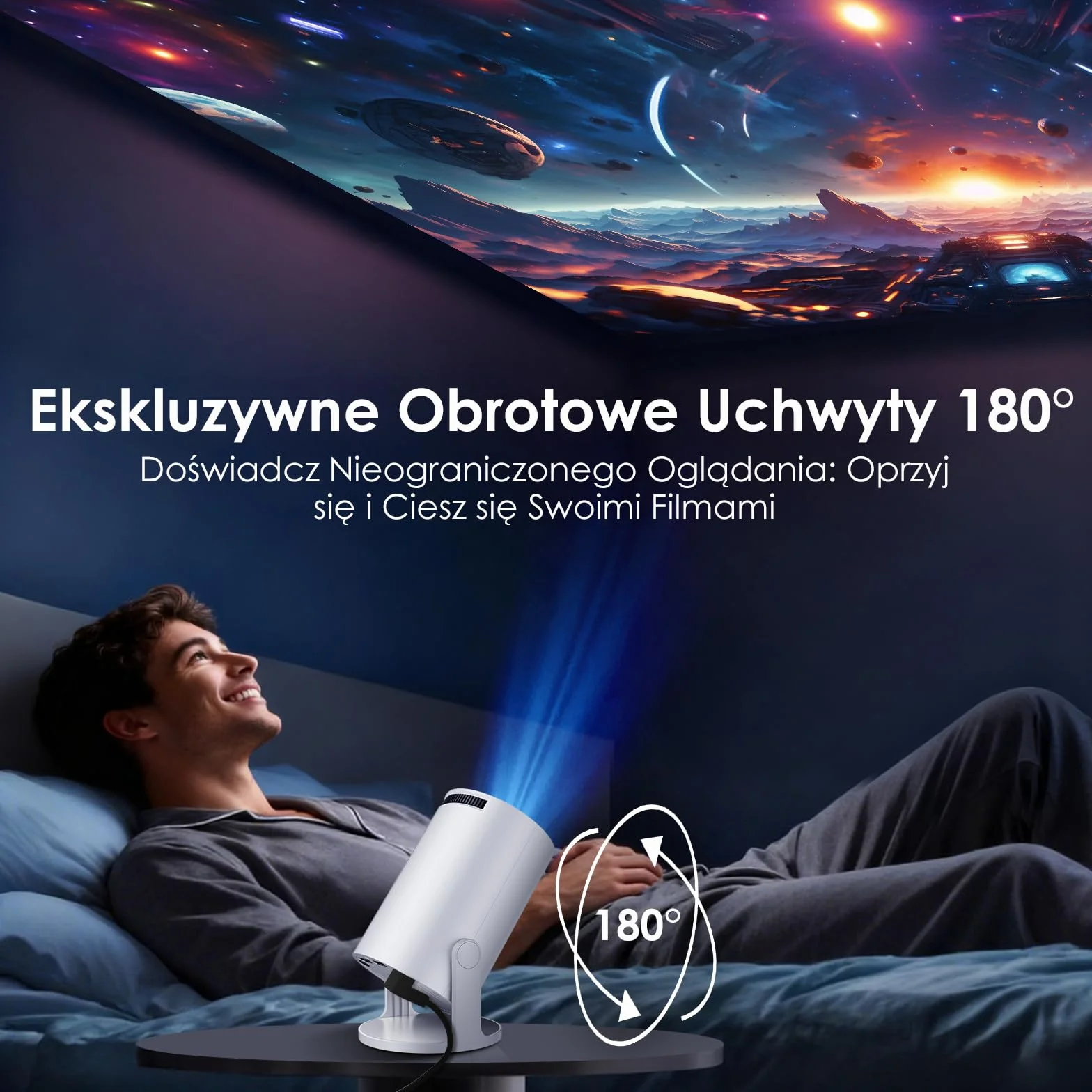 WOLFANG Projektor, Ulepszony Mini Projektor 2026, Projektor do Sypialni z Obsługą 1080P Full HD, WiFi 6 i Bluetooth 5.4, Obrót 180°, Kompatybilny z iOS/Android/TV Stick