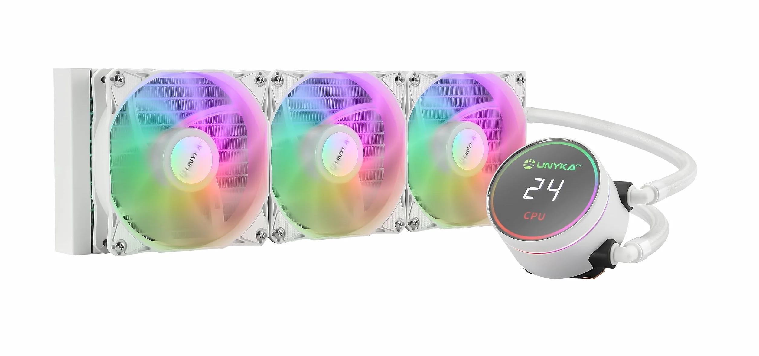 UNYKAch AQUASTORM CPU Chłodzenie cieczą White 360 Cicha pompa, wyświetlacz temperatury procesora i trzy wentylatory RGB z czujnikiem PWM | Cicha pompa, wyświetlacz temperatury CPU, trzy wentylatory RGB, system kontroli temperatury PWM