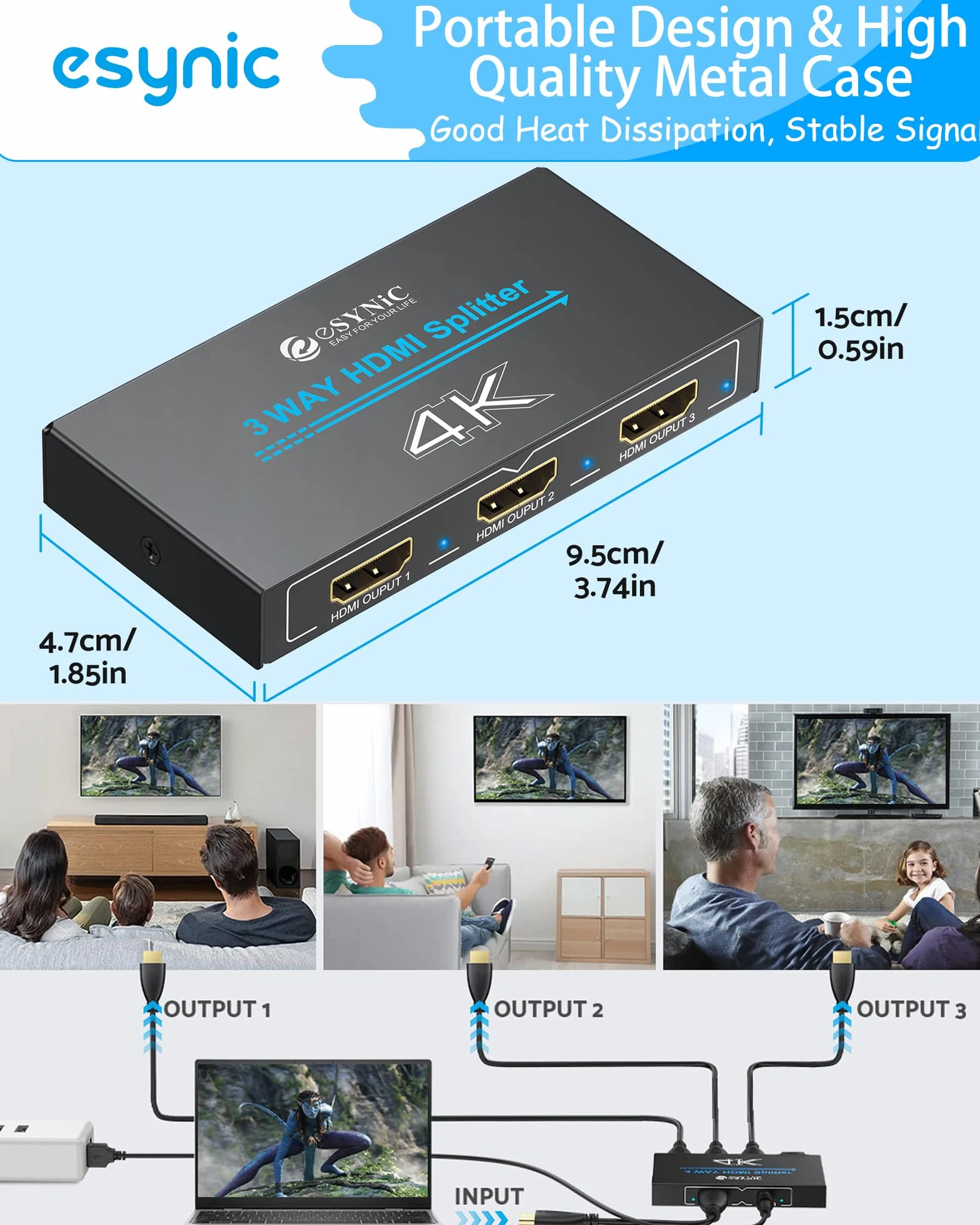 eSynic Rozdzielacz HDMI 4K HDMI rozdzielacz 1 w 3 out, jednocześnie obsługuje 4K 3D HD 1080P do Xbox PS4 PC HDTV