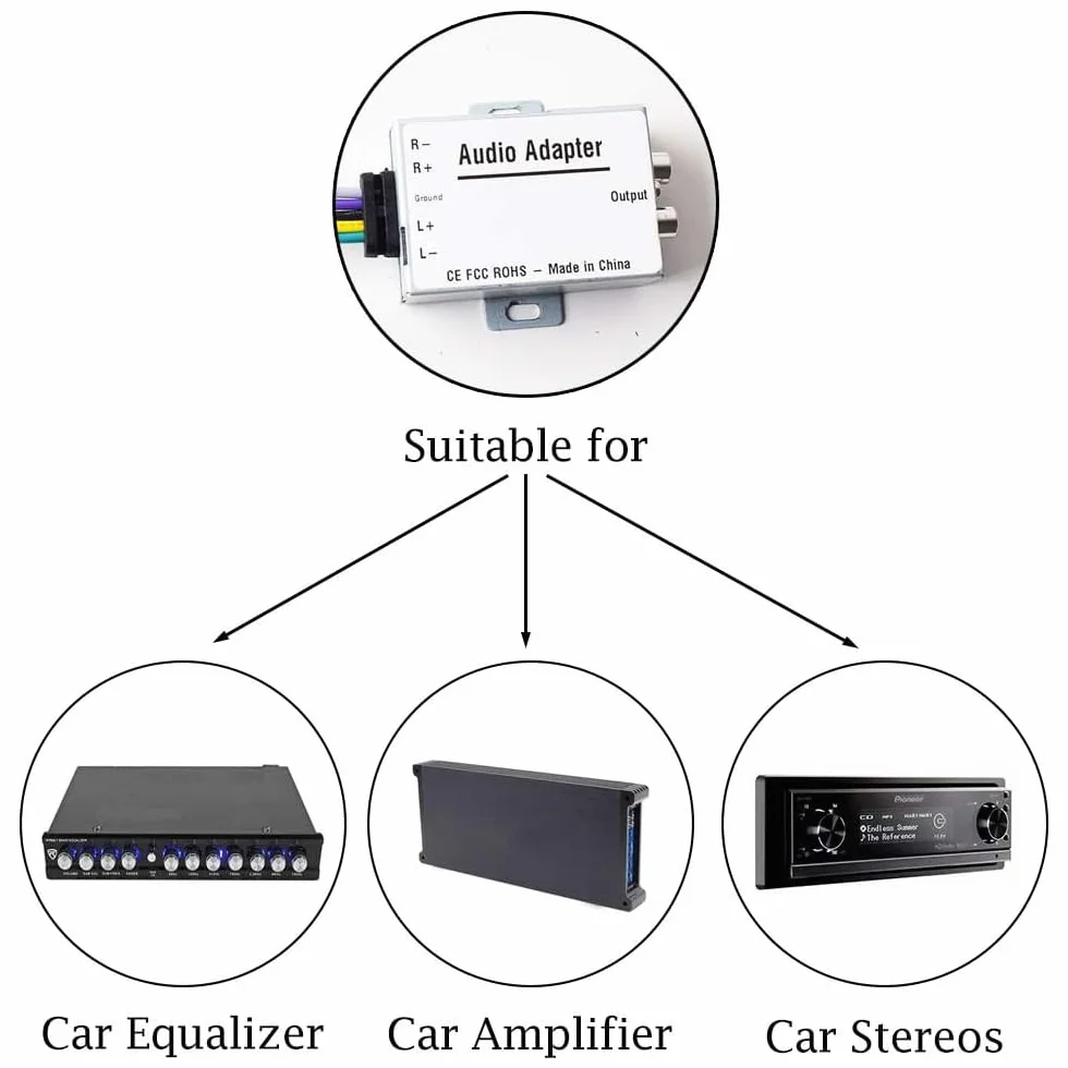 EKYLIN Samochodowy stereofoniczny konwerter sygnału dźwiękowego Hi-Low do automatycznego wzmacniacza, subwoofera, odtwarzacza CD adapter od wysokiego do niskiego