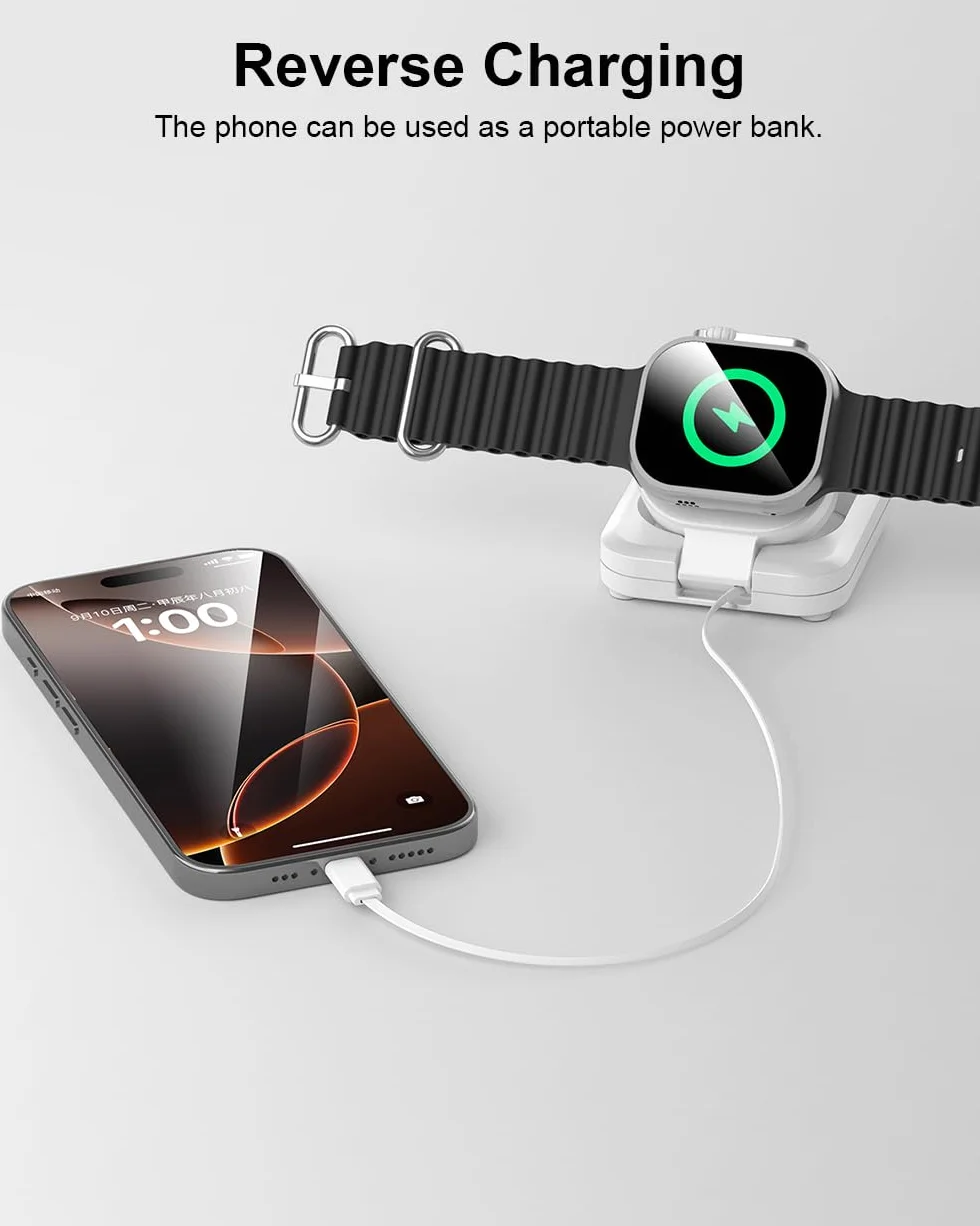 Magnetyczna stacja ładująca Apple Watch, 5 W, bezprzewodowa, szybka ładowarka iWatch z kablem USB C, tryb nocny, do Apple Watch Ultra 2/10/9/8/7/6/SE/SE2/5/4/3/2, przenośny, podróżny, chowany, biały