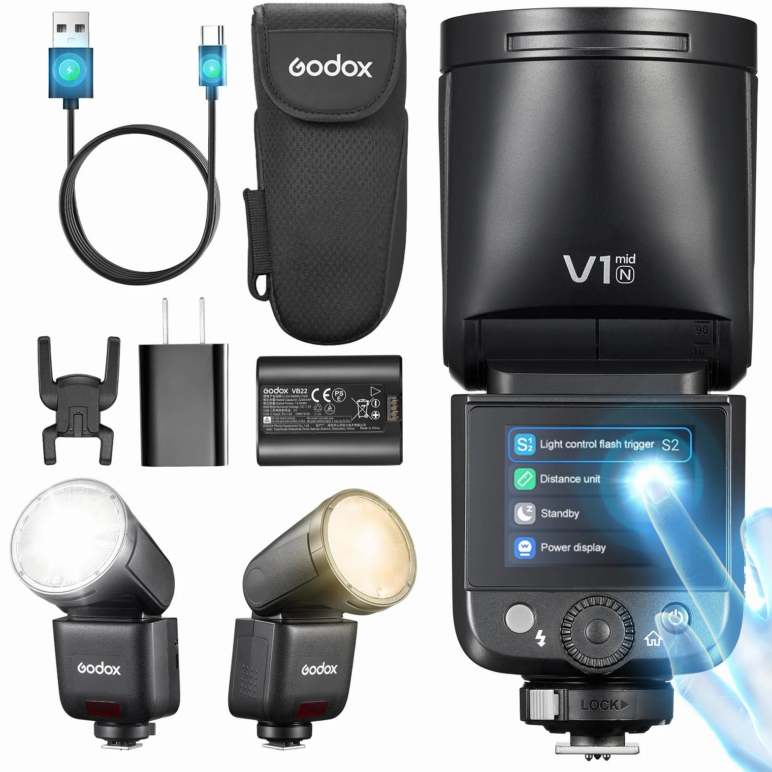 Godox V1 MID N Lampa Błyskowa do Nikona, 55W Okrągła Głowica z Ekranem Dotykowym, Optyka 24mm, 650+ Błysków, Ładowanie 1.7s, TTL/HSS 1/8000s, Magnetyczny AK-R1 do Nikon Zf Z6II Z8 D850 (V1MID N) | Okrągła głowica, optyka 24 mm, 650+ pełna moc, recykling 1