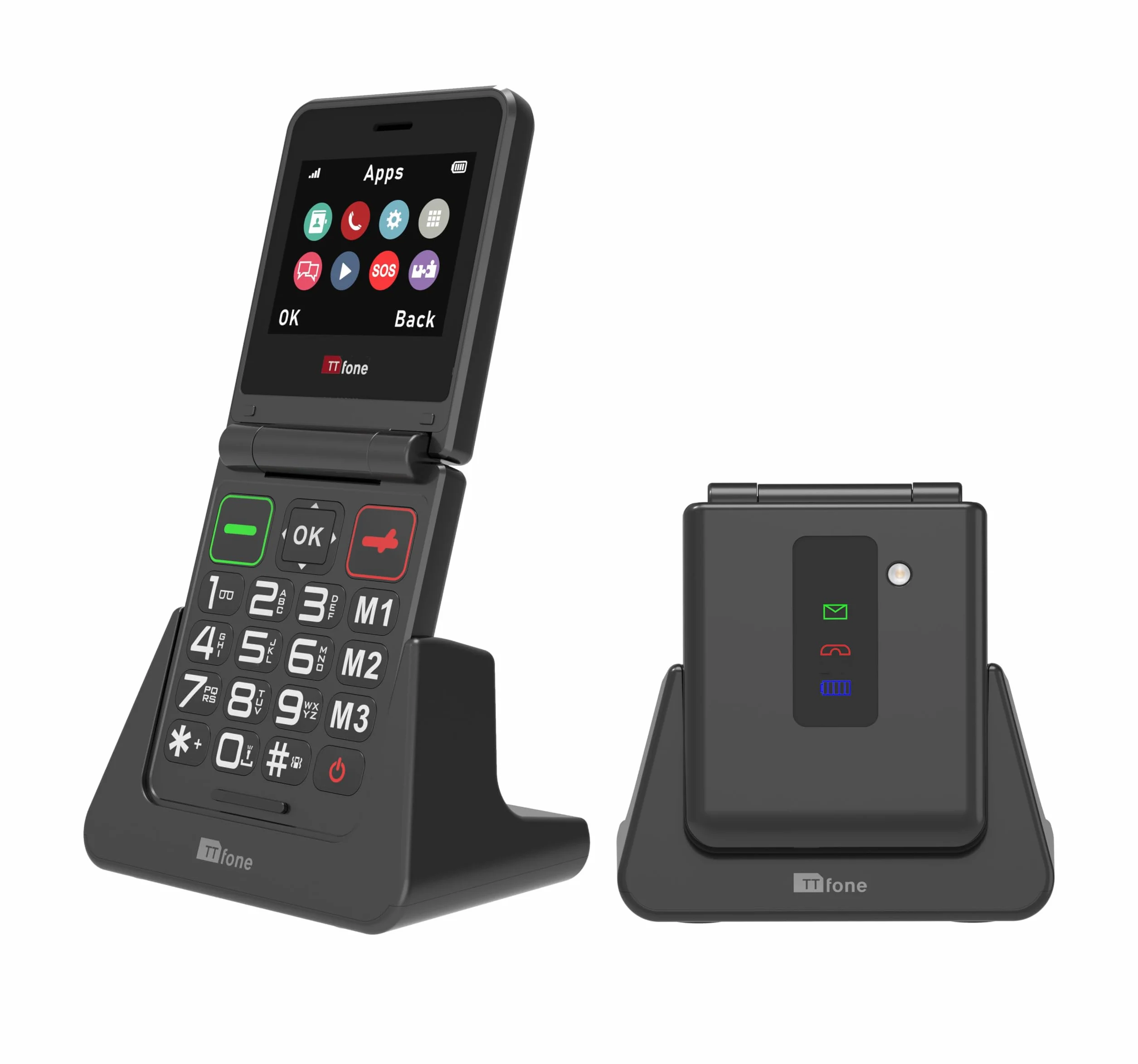 TTfone TT660 Telefon komórkowy z klapką dla seniorów - składana konstrukcja, duże przyciski, pomoc w nagłych wypadkach, długa żywotność baterii - Pay As You Go (O2 PAYG, czarny, z ładowarką dokującą)