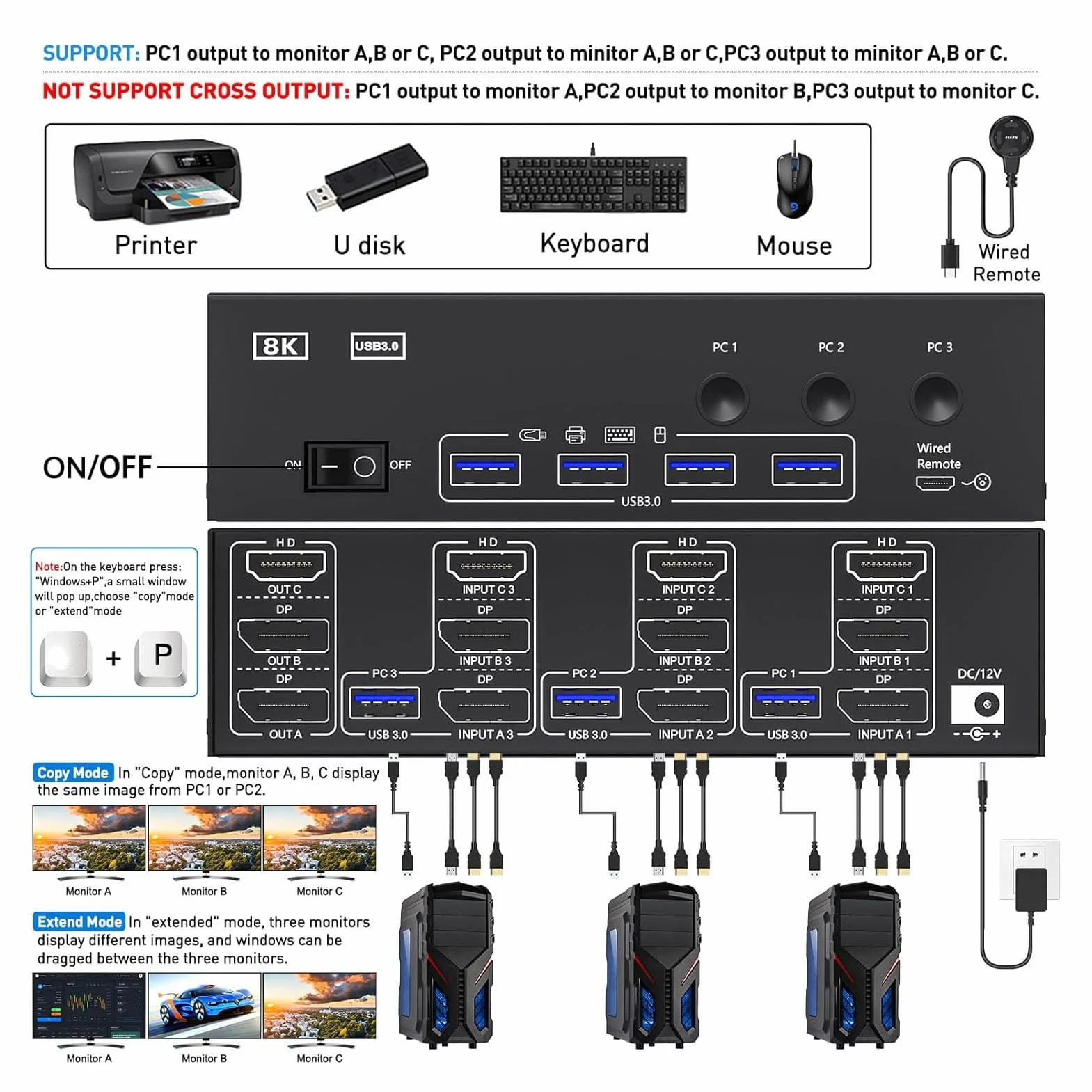 Przełącznik KVM USB 3.0 3 Wyświetla Komputery DisplayPort 8K 60 Hz 4K (Wtyczka UE)