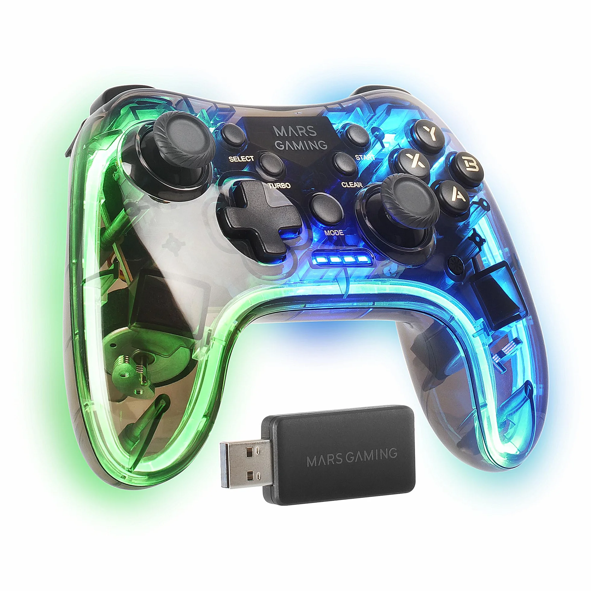 Mars Gaming MGP-24, Bezprzewodowy Gamepad 2.4GPRO, Neon RGB, Dual Wibracje Haptyczne, Joysticki Analogowe, Kontroler do PC, PS3, PS4, X360, Raspberry Pi, Mac, Android