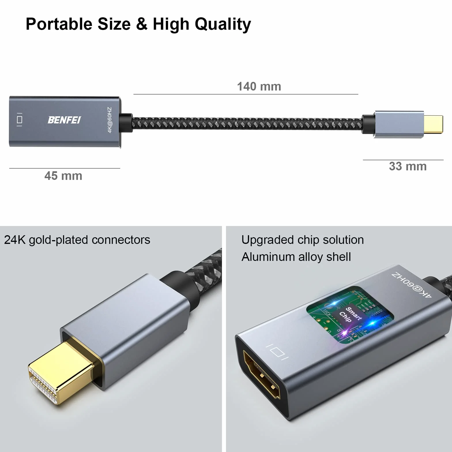 BENFEI Adapter Mini DisplayPort (Thunderbolt) na HDMI 4K@60Hz, kompatybilny z MacBook Air 2010-2017, MacBook Pro 2010-2015, Mac Mini 2010-2014, Surface Pro 1/2/3/4 [aluminiowa obudowa i kabel nylonowy