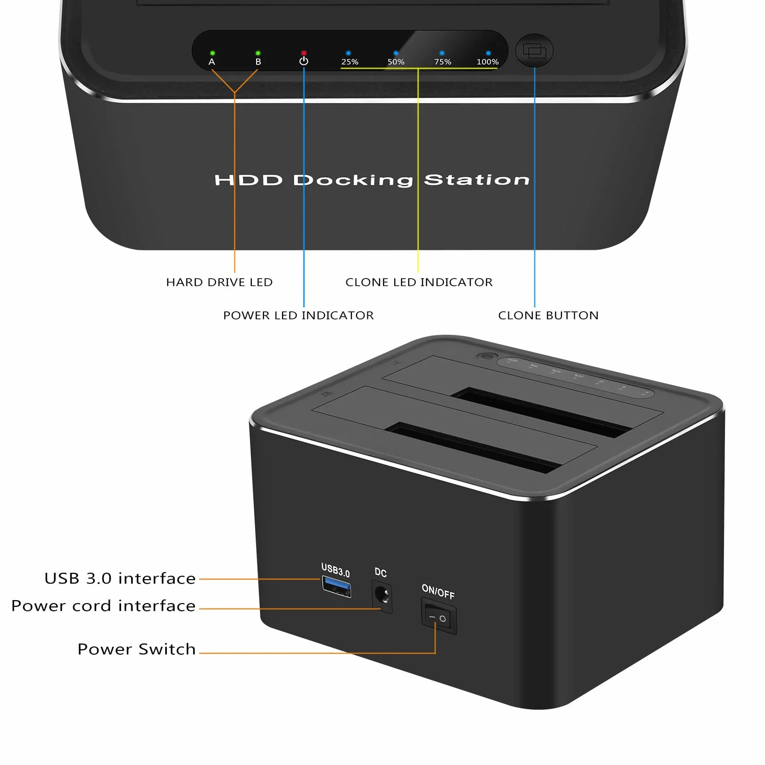 120 cm USB 3.0 do podwójnego SATA antypoślizgowa stacja dokująca do dysków twardych 2,5/3,5 cala HDD SSD / funkcja klonowania offline