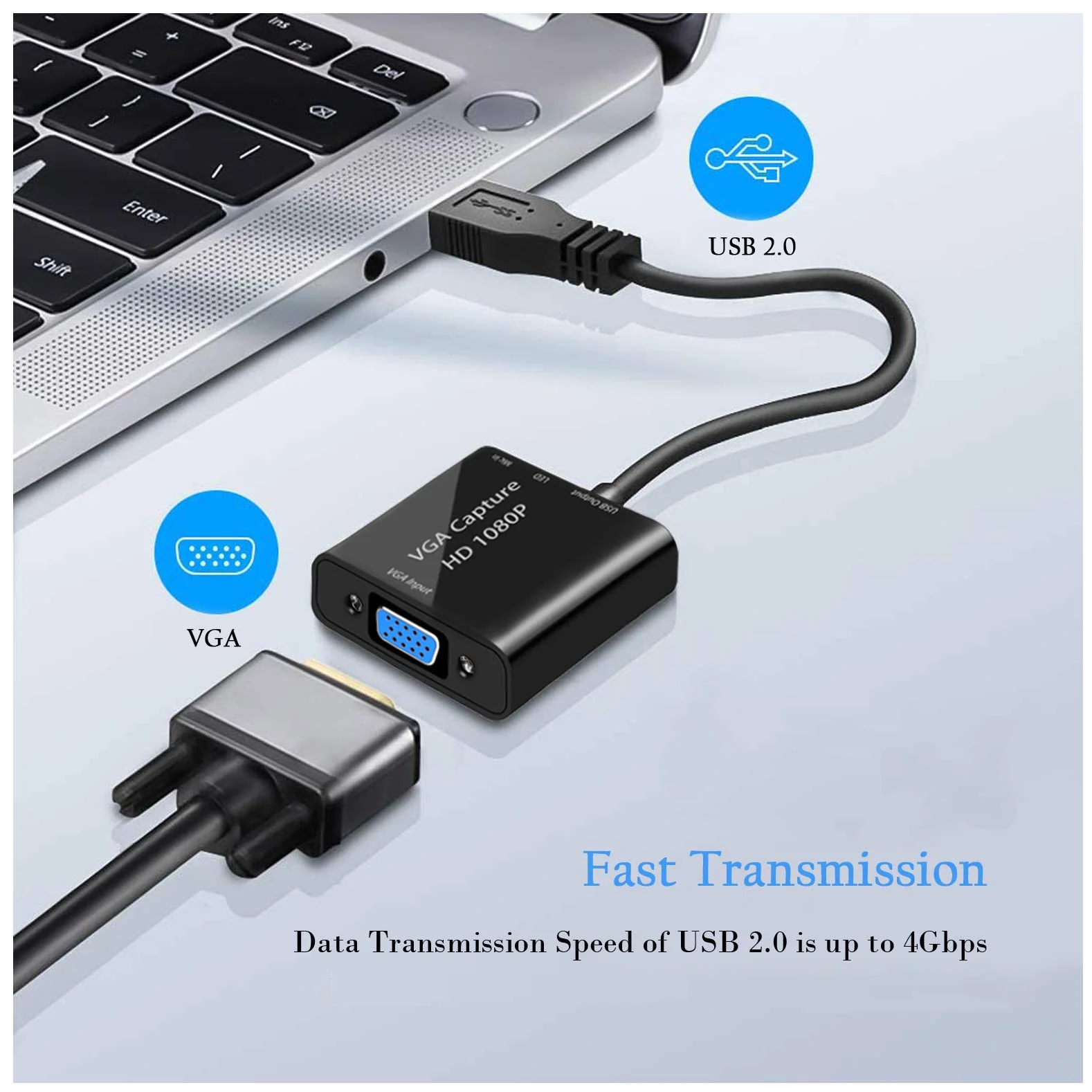 Karta przechwytywania wideo, adapter VGA na USB z wejściem mikrofonowym, adapter wideo HD 1080p, do transmisji na żywo, laptopów, monitorów, wideokonferencji i gier
