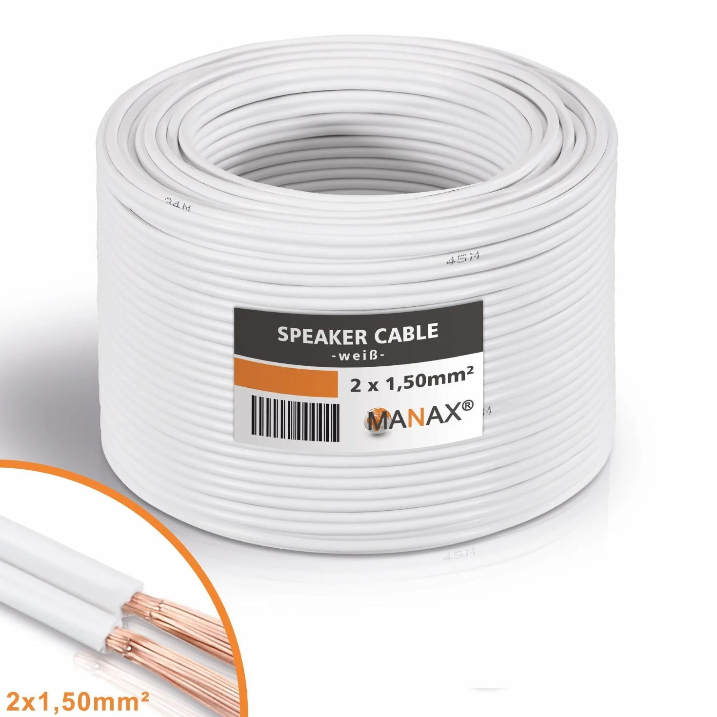 MANAX® Kabel głośnikowy 2 x 1,5 mm² biały pierścień 20 m
