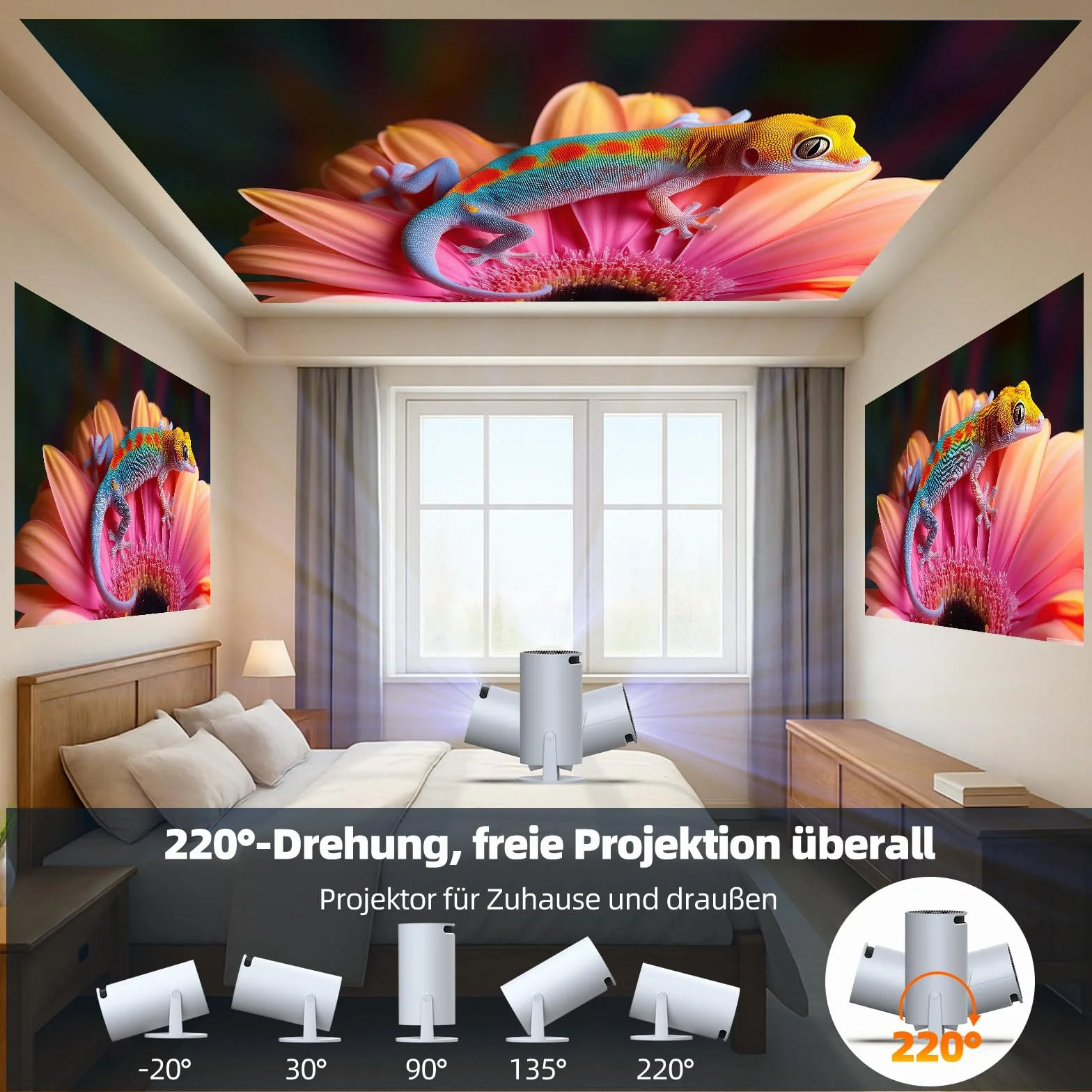 Mini projektor 4K z WiFi6 i BT5.0, Android 11.0, przenośny projektor z obrotem o 220°, automatyczna korekcja trapezowa, inteligentny projektor kina domowego do iPhone'a/PC/Switch