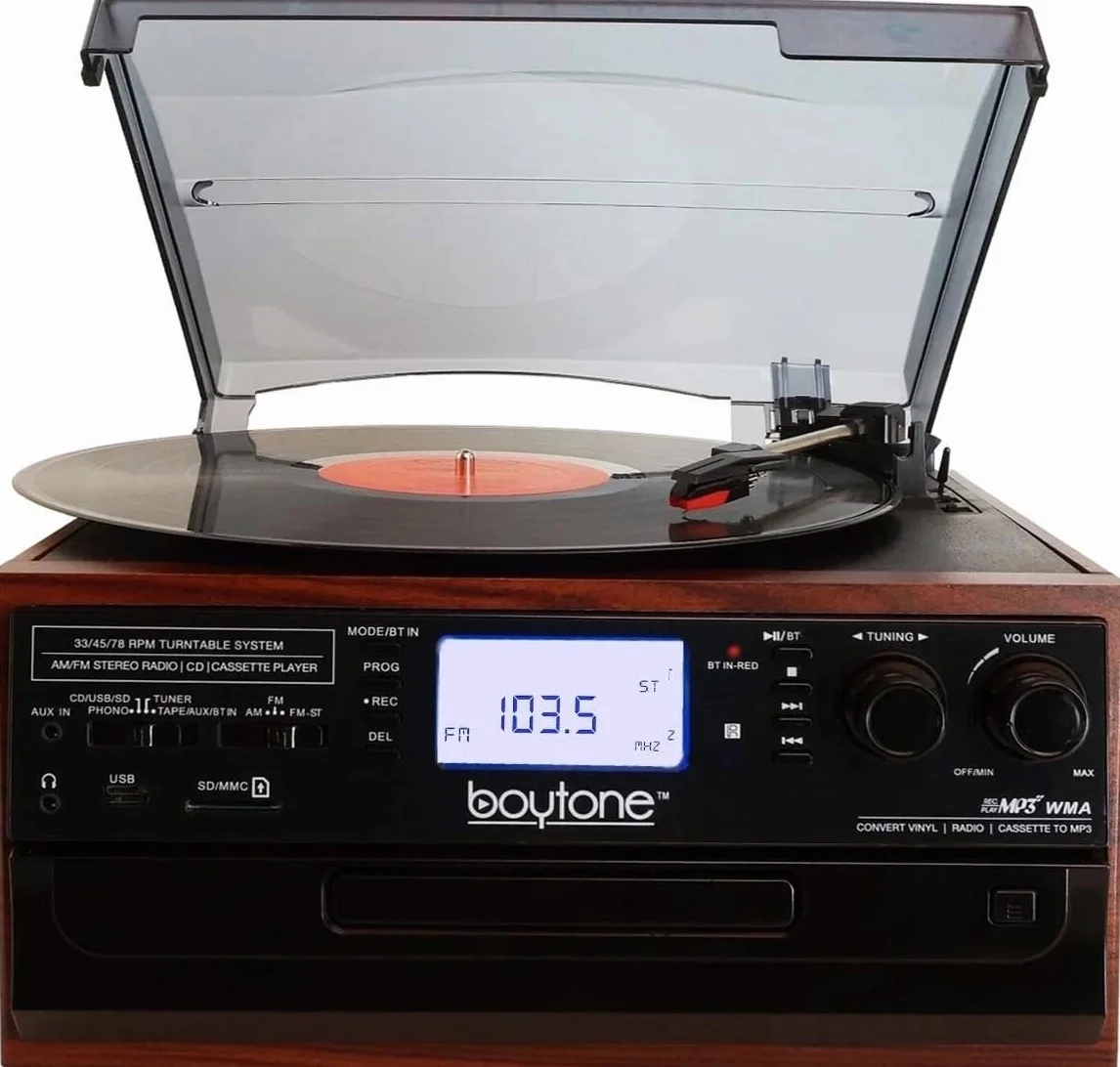 Boytone BT-22M, gramofon Bluetooth, radio AM/FM, kaseta, odtwarzacz CD, 2 wbudowane głośniki, możliwość konwersji winylu, radia, kasety, CD na MP3 bez komputera, gniazdo SD, USB, AUX