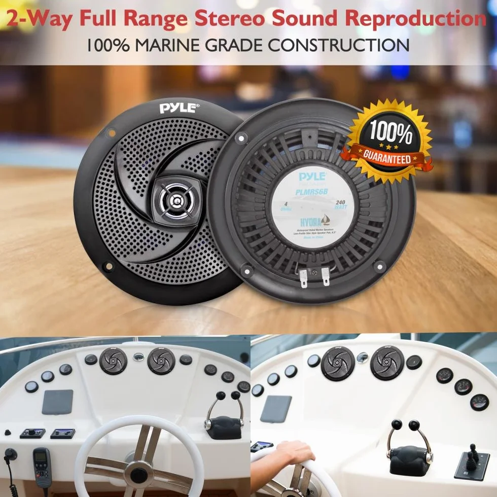 Pyle Marine Speakers 6.5 Inch - 2 Way Waterproof and Weather Resistant Outdoor Audio Stereo Sound System with 240 Watt Power and Low Profile Slim Style - 1 Pair (Black)