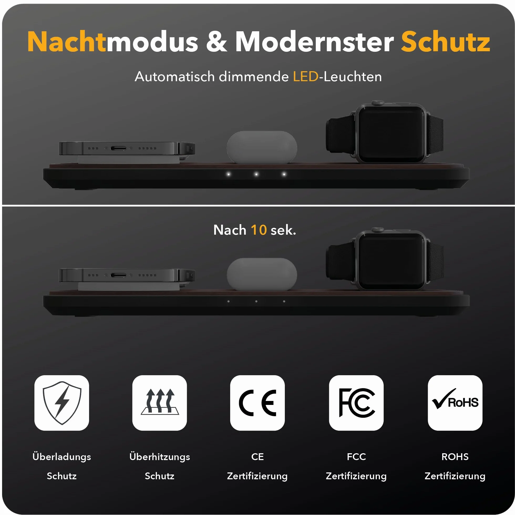 Woodcessories Multibase Pro - 3 w 1 drewniana stacja ładująca | Magsafe ładowarka | indukcyjna stacja ładująca do iPhone'a, Apple Watch, Air Pods w zestawie z adapterem Power 45 W