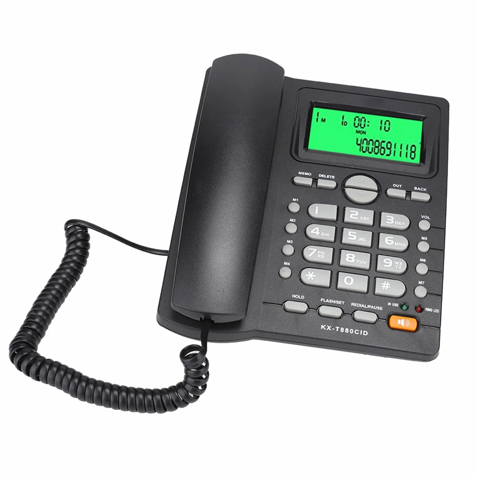 KX T880C telefon stacjonarny, przewodowy z głośnikiem, identyfikator dzwoniącego, funkcja szybkiego wybierania i wyciszania, telefon z dużym przyciskiem do domowego biura, bez baterii (czarny)