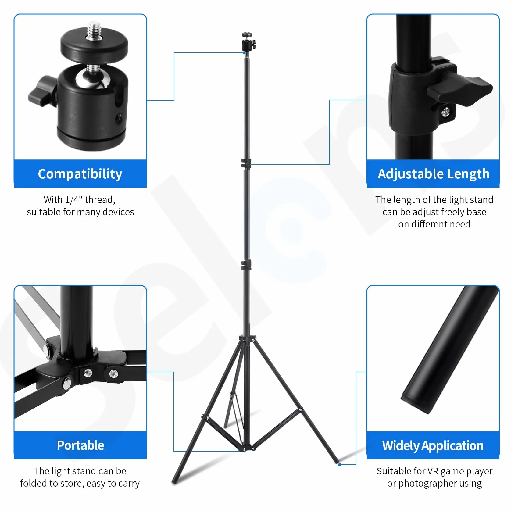 Selens Stojak VR 2 szt. 200 cm regulowany statyw oświetleniowy + mocowanie głowicy kulowej 1/10.2 cm + zestaw klipsów do wiązki przewodów, statyw ze stopu aluminium do HTC Vive, VR, gier, wideo