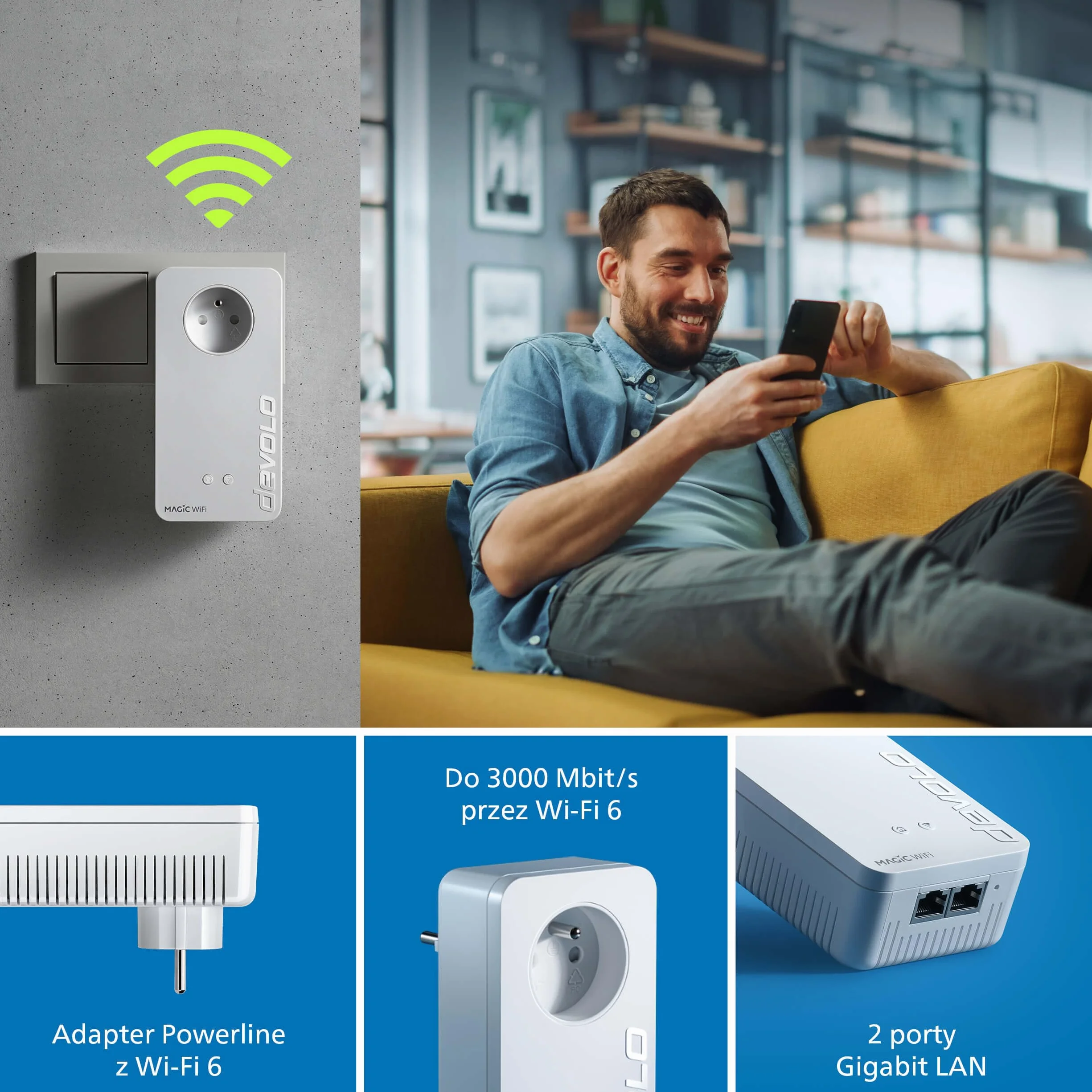 devolo Magic 2 WiFi 6 next Starter Kit, adapter Powerline Wi-Fi, do 3 000 Mbit/s przez Wi-Fi 6, gniazdkowy adapter Wi-Fi, 2x port Gigabit LAN, biały