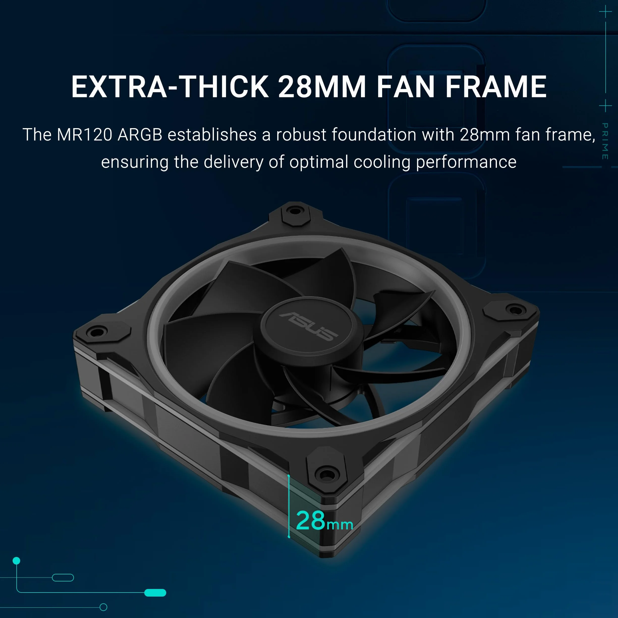 ASUS Prime MR120 ARGB Reverse Single Pack, wentylator PWM 120 mm, 20 LED ARGB, prędkość wentylatora 1600 obr./min, przepływ powietrza 58 CFM, grubość ramy 28 mm, Aura Sync