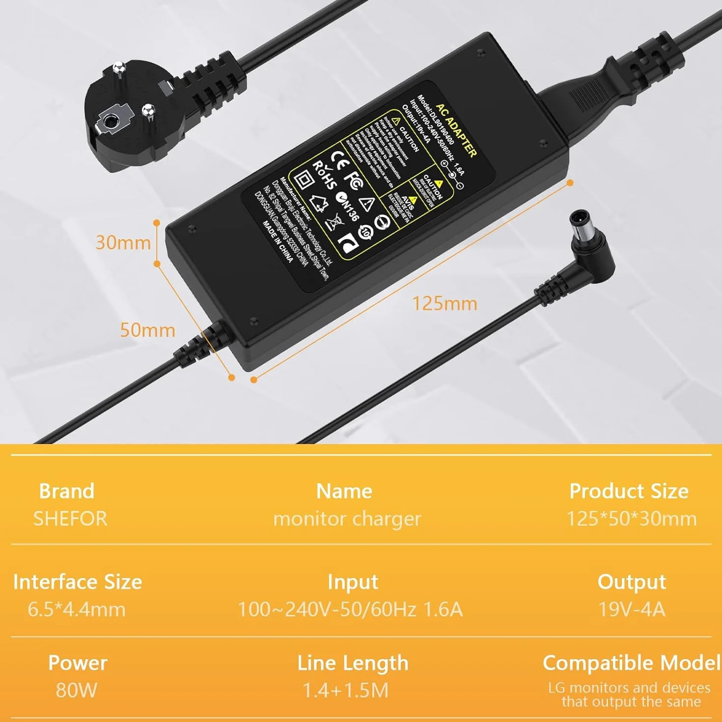 Shefor Ładowarka 19V kompatybilna z LG Electronics 19 "20" 22 "23" 24 "27" 32 "LED Monitor LCD Panoramiczny HDTV 24M47H-P 24MP55HQ Wymień Samsung 22" 32" A4819-FDY UN32J400 do ładowania telewizora