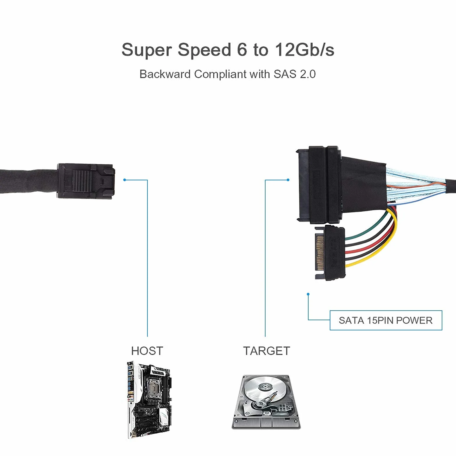 10Gtek 12G Wewnętrzny Kabel Mini SAS SFF-8643 do U.2 SFF-8639 NVMe SSD z 15 pinowym złączem zasilania SATA, PCIe 4.0, 85 Ohm, 1m/3.3ft