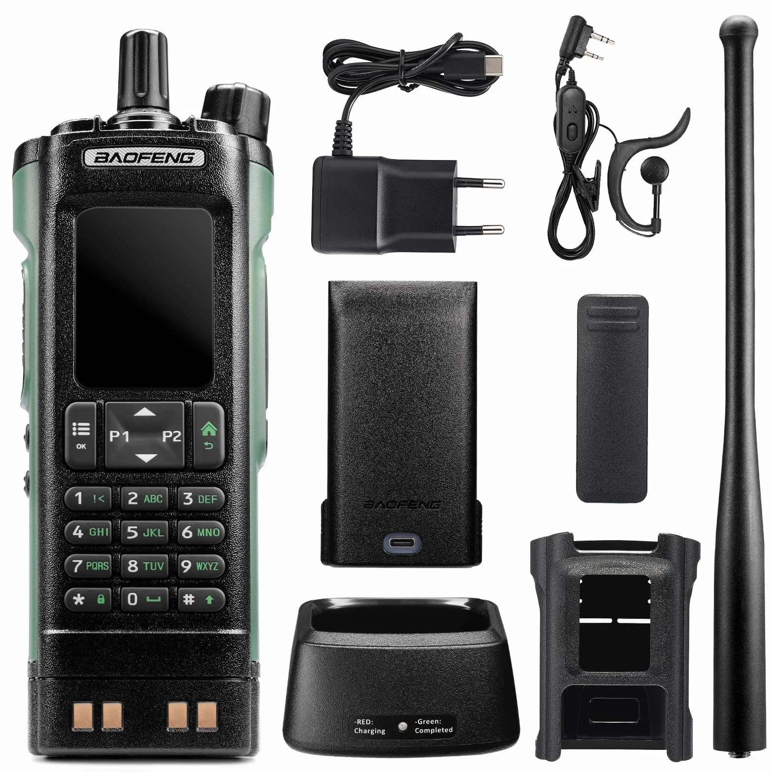 BAOFENG DM-32UV 10W DMR radio, UHF/VHF/AM/FM z GPS i cyfrowym APRS, podwójne gniazdo Tier II, kolorowy wyświetlacz 2", 4000 kanałów, styki 50 K, uchwyt na walizkę, zielony