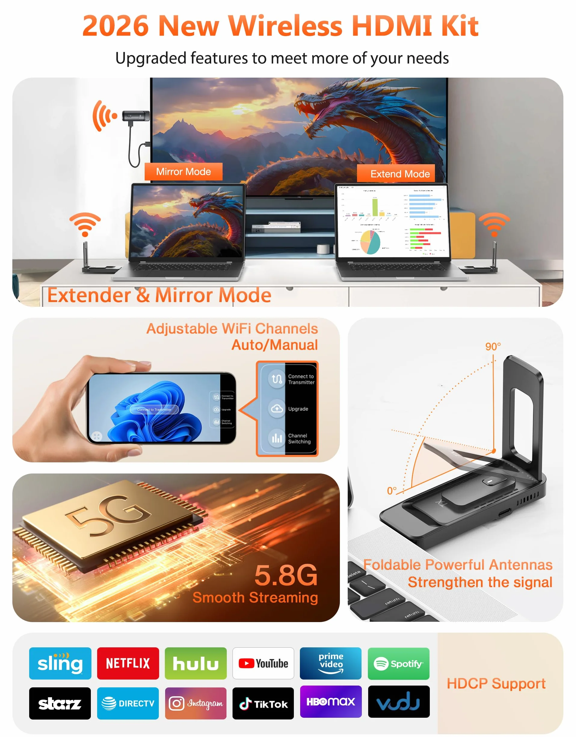 2026 AIMIBO bezprzewodowy transmiter i odbiornik HDMI, transmisja radiowa 5G HDMI do 6 telewizorów, wejście 4K 1080p @60 Hz ze składaną anteną do laptopa/PC/TV Box do wielu TV/monitorów/projektorów 50