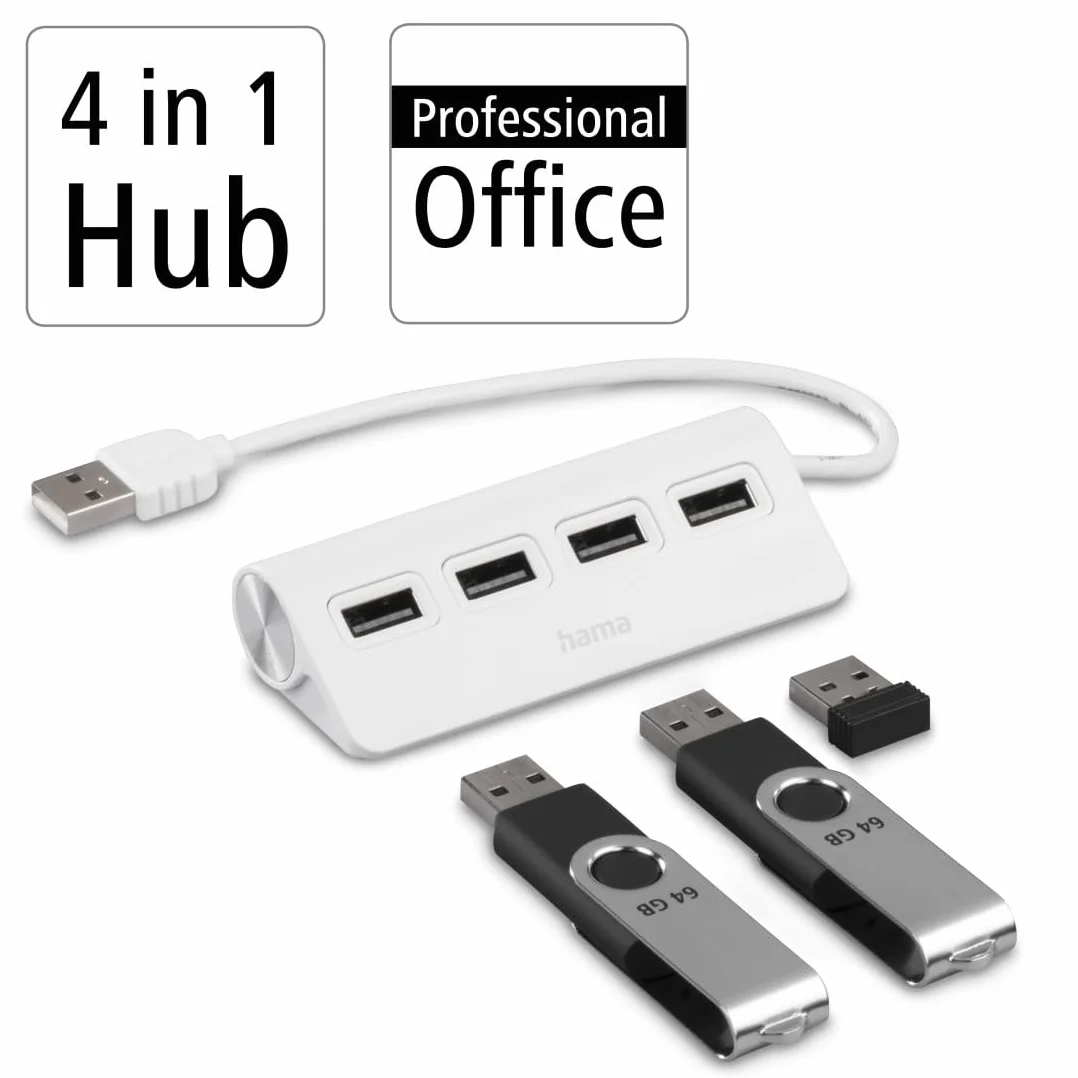 Hama Kompaktowy hub USB 2.0 4xUSB-A 480 Mbps 4 porty biały