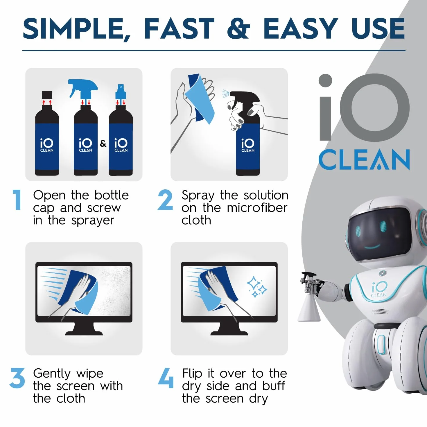 iO Clean Zestaw do Czyszczenia Ekranów (473 ml) do LCD, LED i OLED TV, Smartfonów, iPadów, Laptopów i Monitorów – Ściereczka z Mikrofibry