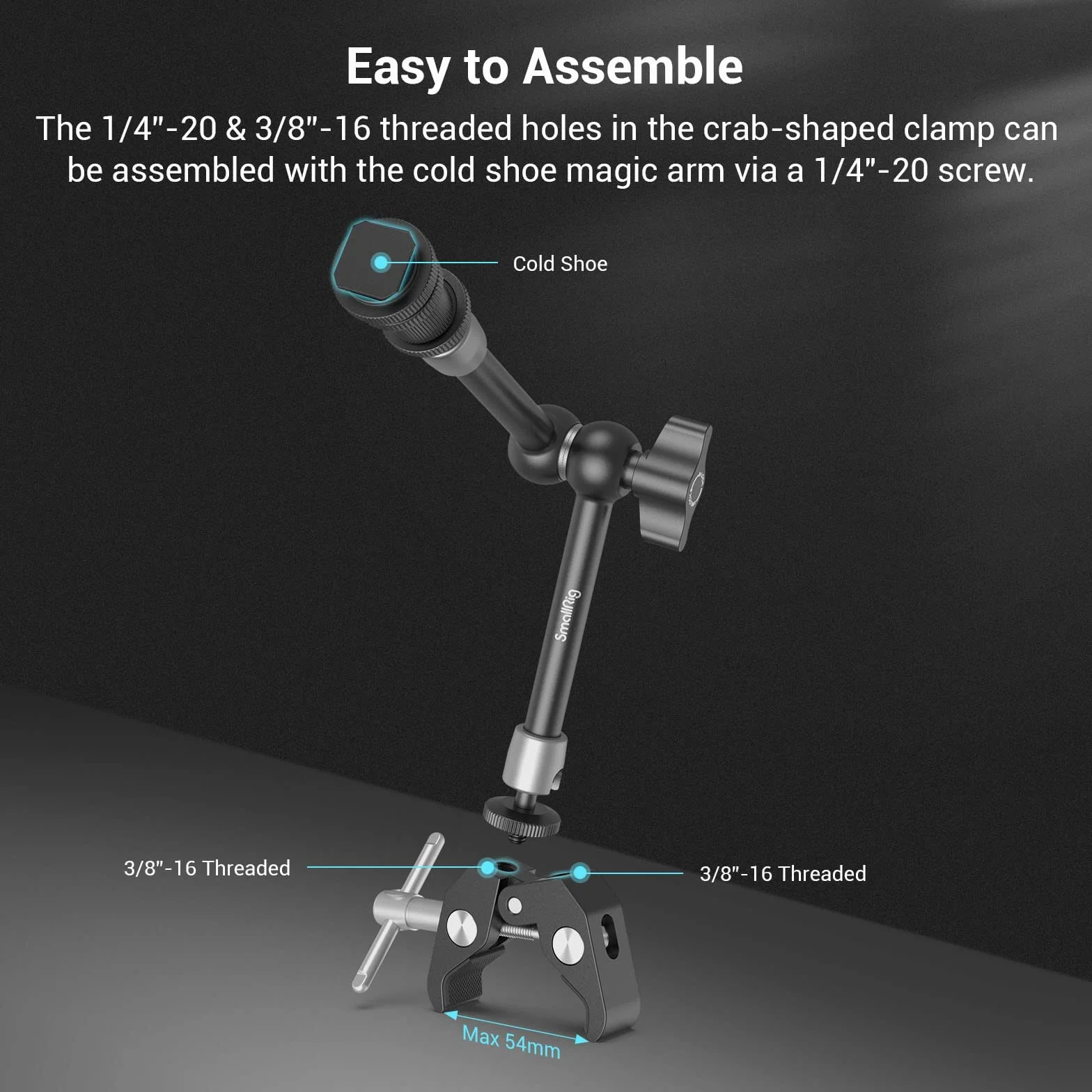 SMALLRIG Super Clamp i Magic Arm (11"), Gwintowane ramię przegubowe 1/4''-20 z Uchwytem na Zimną Stopkę do Monitor, LED Light, Mikrofonu, Magiczne ramię z Super Zaciskiem - 3726