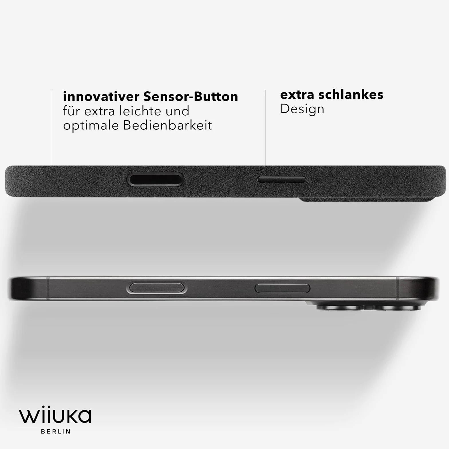 WIIUKA Etui do iPhone 17 Pro Max, oryginalne Alcantara®, ręcznie wykonane, bardzo cienkie, etui premium na telefon komórkowy, Case, Qi, alternatywa dla skóry, kolor czarny