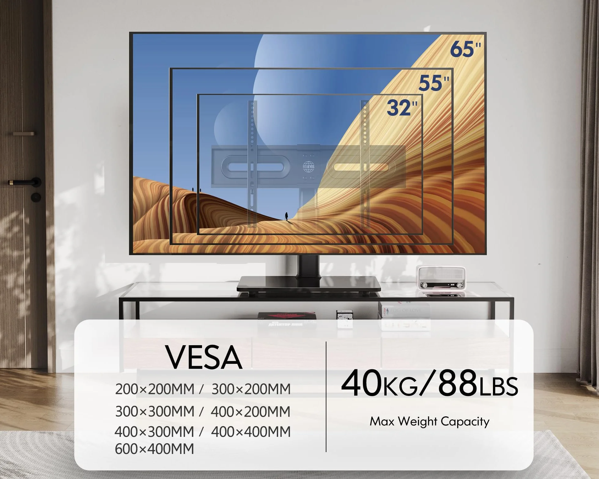 FITUEYES Uchwyt TV na stojaku TV do monitora od 32 do 65 cali Regulowana wysokość obrotowa ±40° Stojak TV Maksymalne obciążenie 40KG Max VESA 400x600 mm