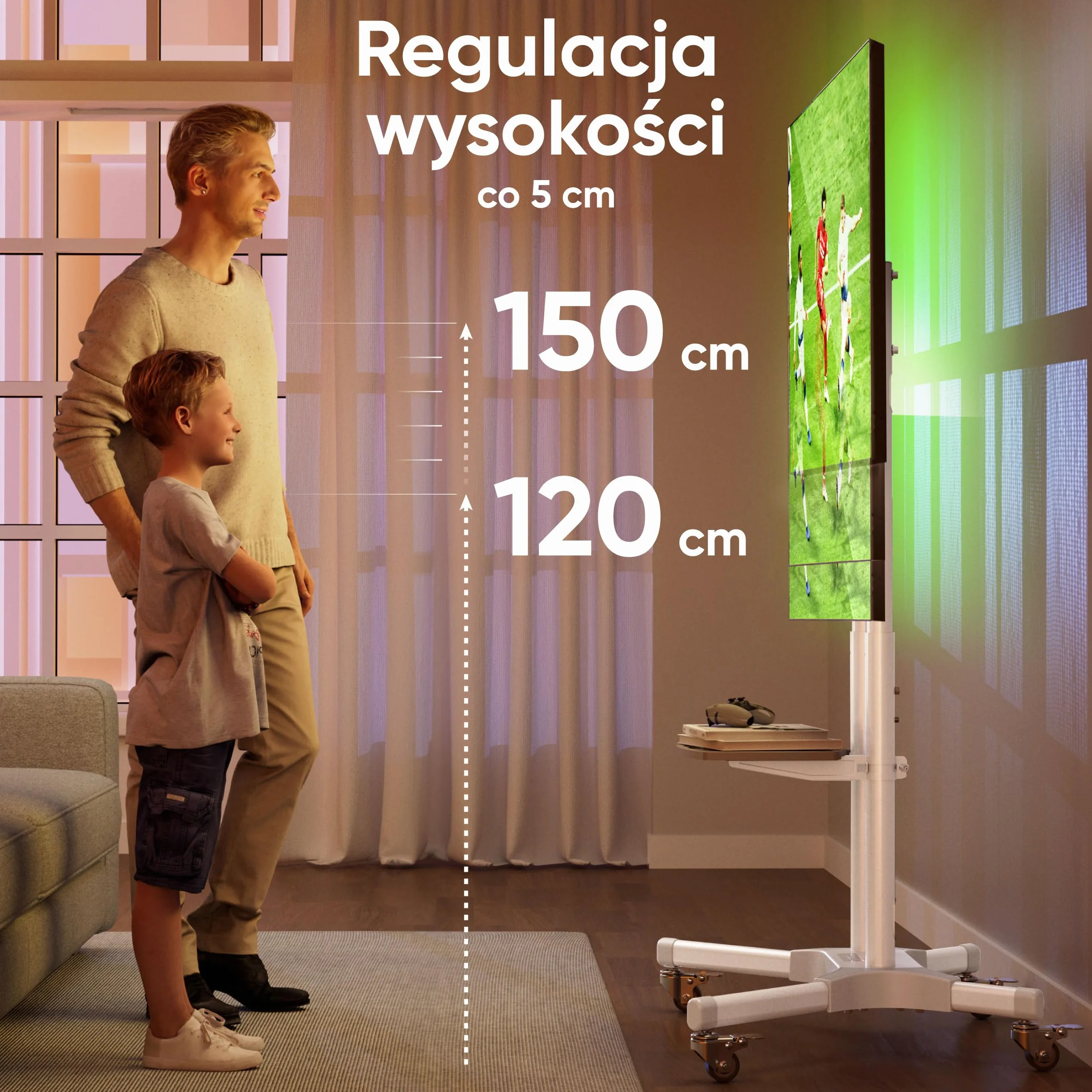 ONKRON Stojak na telewizor na kółkach dla ekranów 32" - 65" do 50 kg, regulowany na wysokość max VESA 600x400 - Uniwersalna podstawa TV/Wózek na telewizor z kółkami, biały TS1351-W
