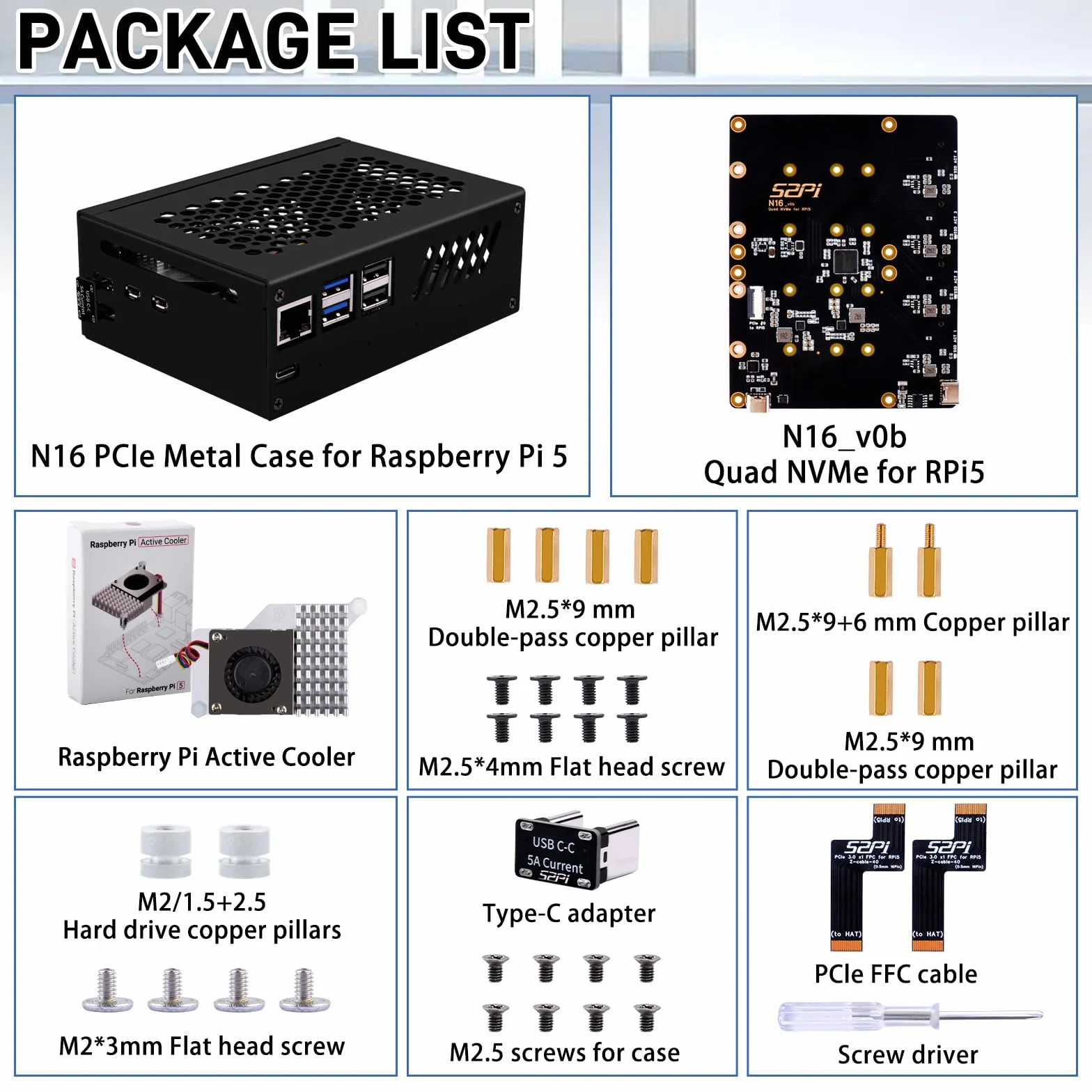 GeeekPi N16 Quad M.2 M-Key NVMe SSD HAT z metalową obudową i aktywnym chłodzeniem dla Raspberry Pi 5, obsługuje dyski SSD M.2 NVMe M-Key 2230/2242/2260/2280