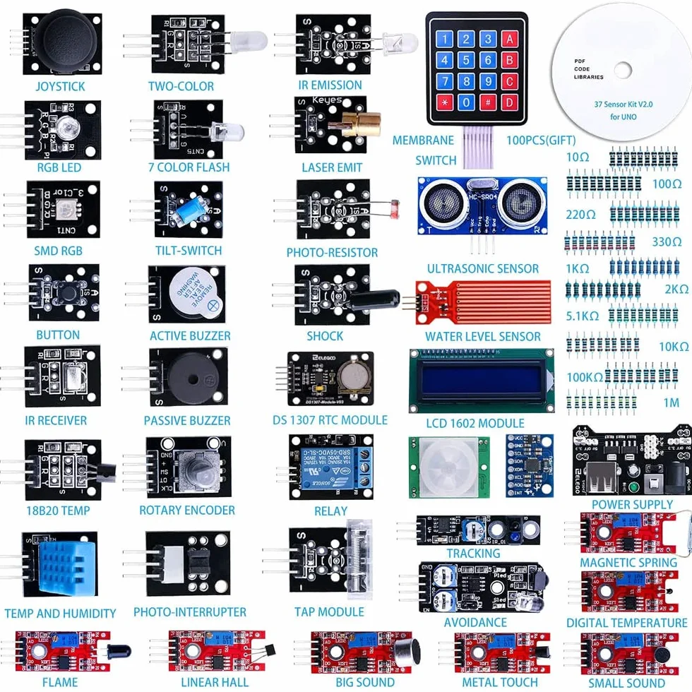 MMOBIEL 37 W 1 Moduły czujników Ustaw kompletny zestaw dla większości komputerów pojedynczych płyt z Arduino IDE UNO R3 Mega Nano kompatybilny, w tym kursem.