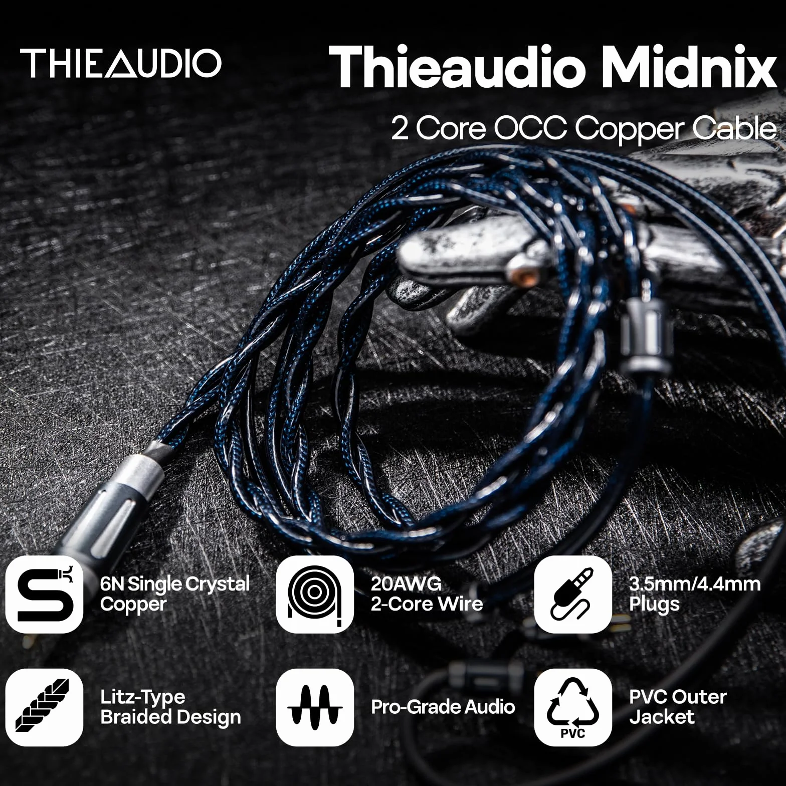 Linsoul Thieaudio Midnix IEM Kabel, 2-żyłowy, z miedzi monokrystalicznej 6N, podwójne wtyczki 3,5 mm/4,4 mm, typ Litz 4, 1,2 m, 0,78 mm, 2-pinowy, zamienny przewód do profesjonalnych słuchawek