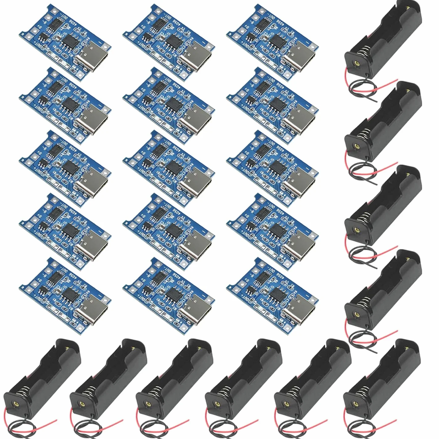 GTIWUNG 15 szt. Moduł ładowarki akumulatora litowego Type-C USB 5V 1A 18650 Li-ion płytka ładująca z podwójną funkcją ochrony + 10 szt. uchwyt na baterię 18650 z przewodami - zestaw