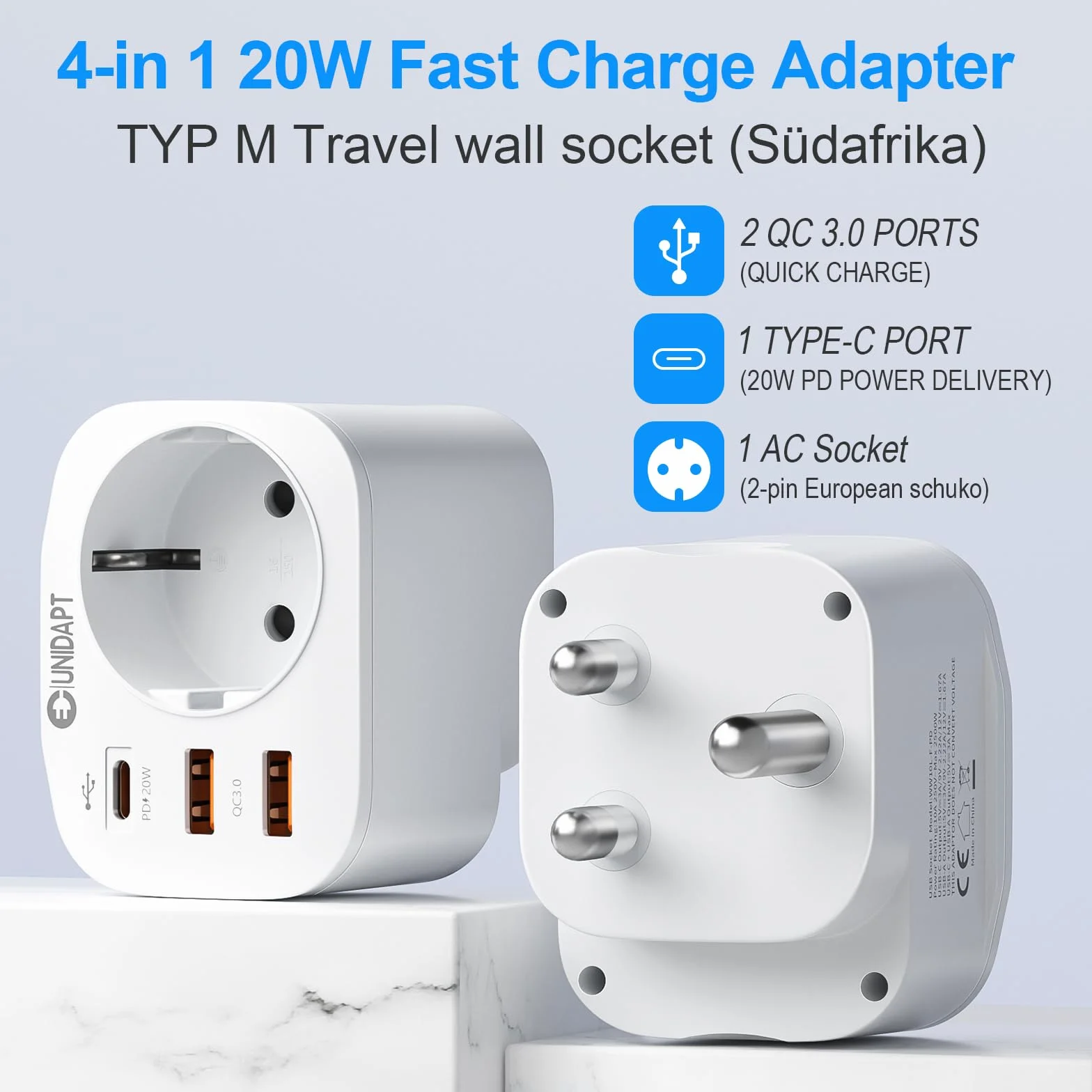 Unidapt Adapter Niemcy do RPA, adapter podróżny typ M z 3 USB i 1 USB C 20W PD, adapter do gniazdka dla RPA Namibia, Lesotho, Mozambik